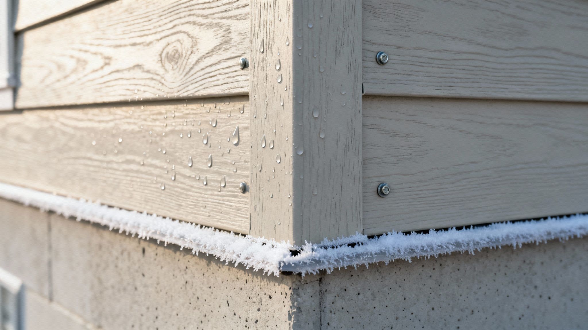 Close-up of a house corner with light-colored fiber cement siding, covered in water droplets and frost.