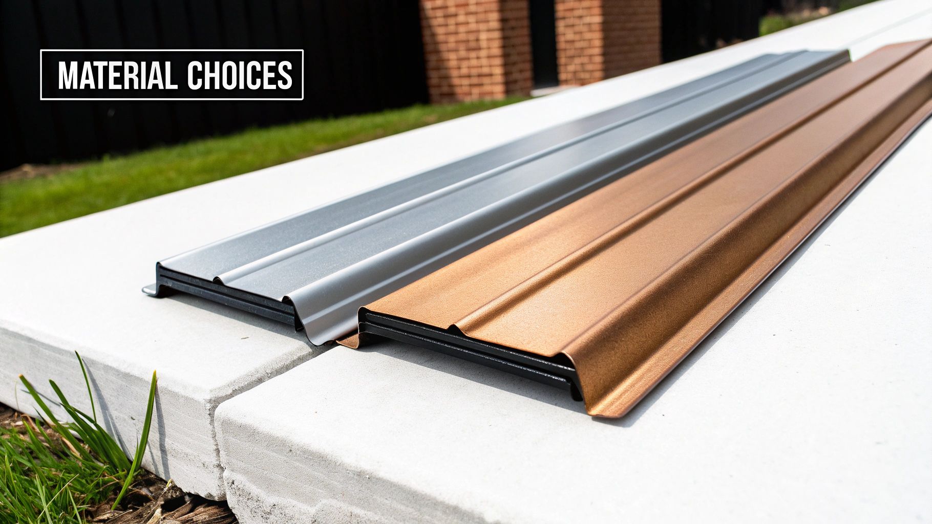 Two metal samples, one silver and one bronze, for material choices, displayed on concrete outdoors.