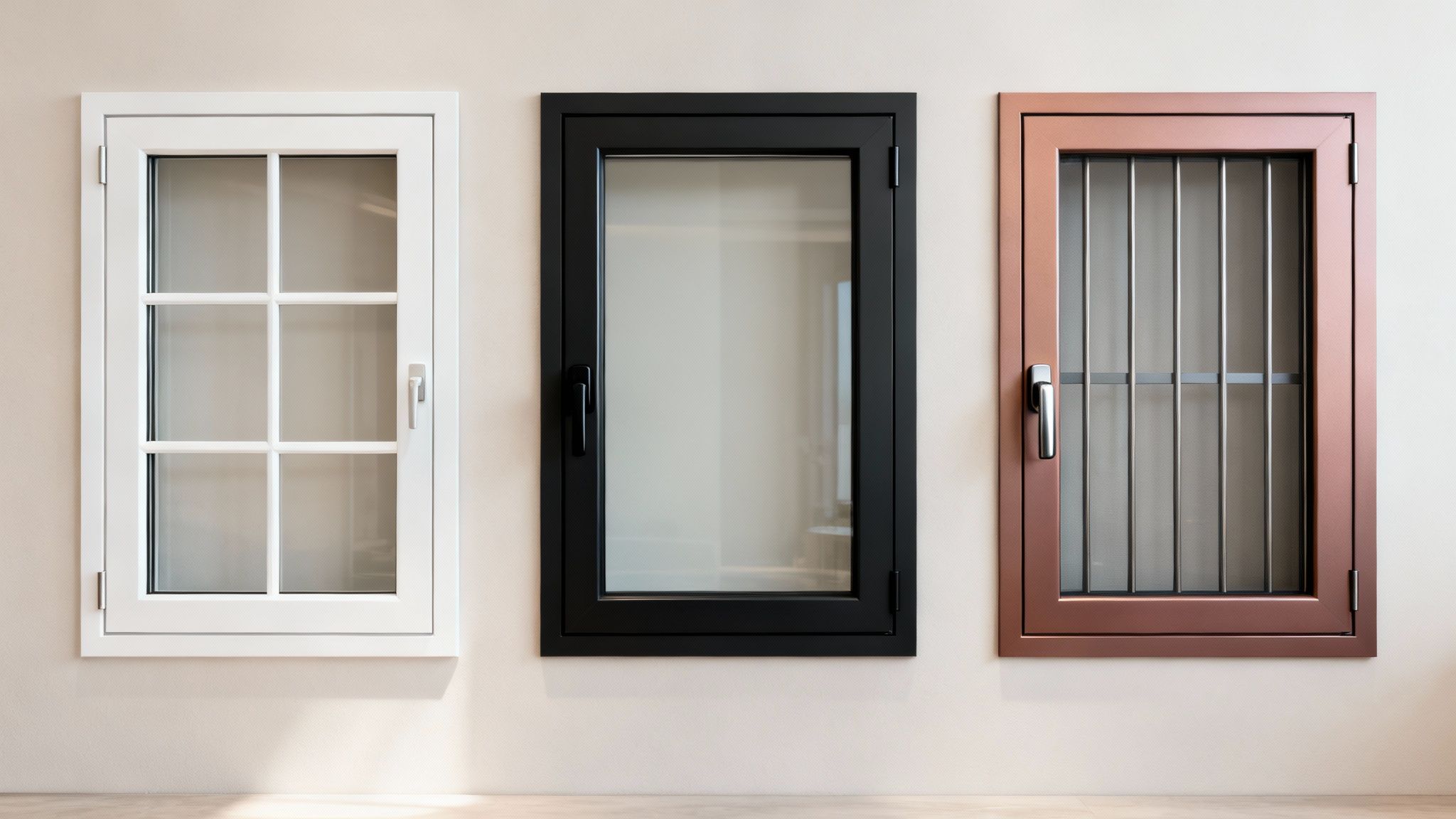 Three casement windows demonstrating different styles: white grid, black single pane, and copper with security bars.