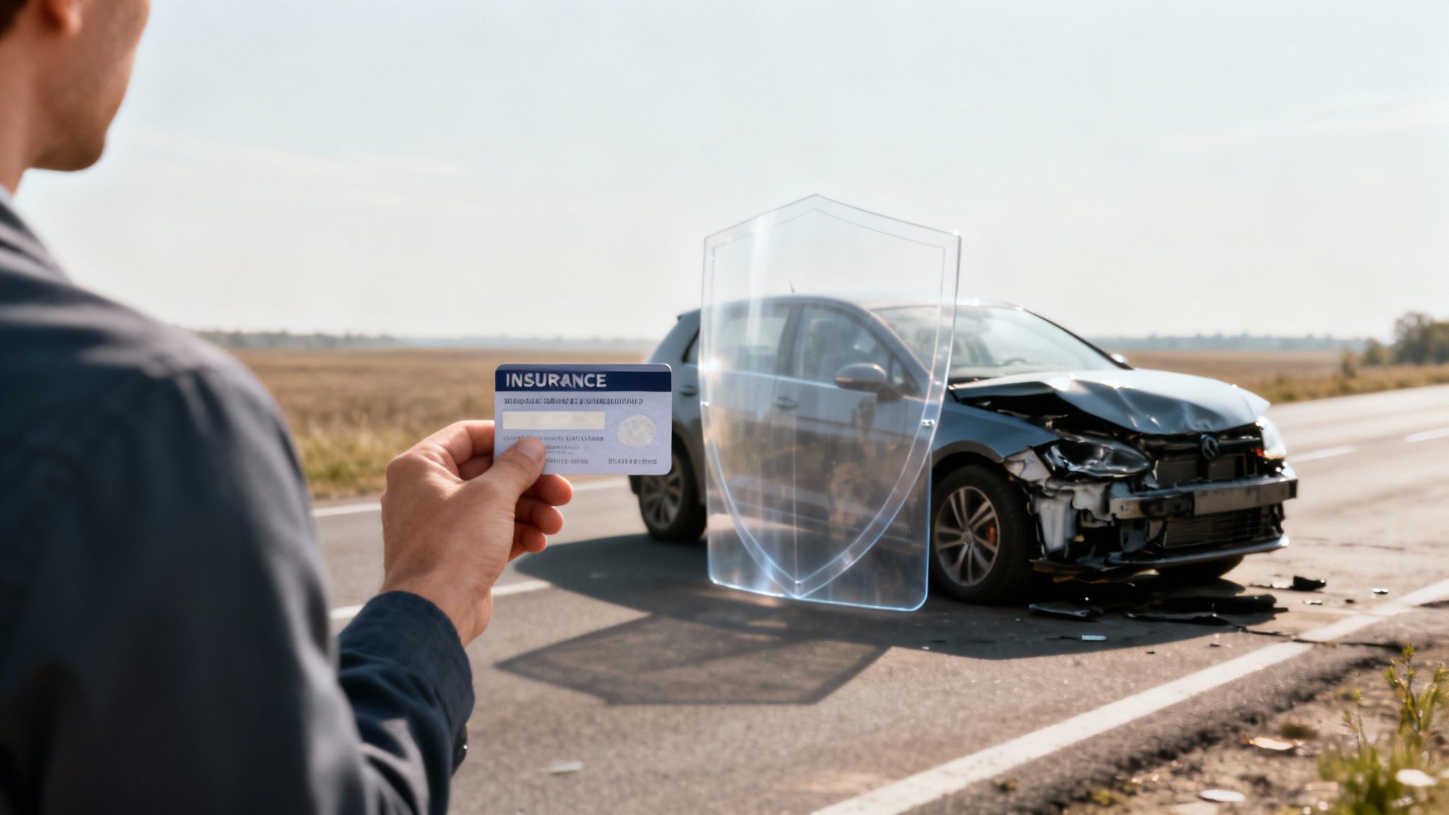 Person holding an insurance card in front of a wrecked car with a digital shield symbol.