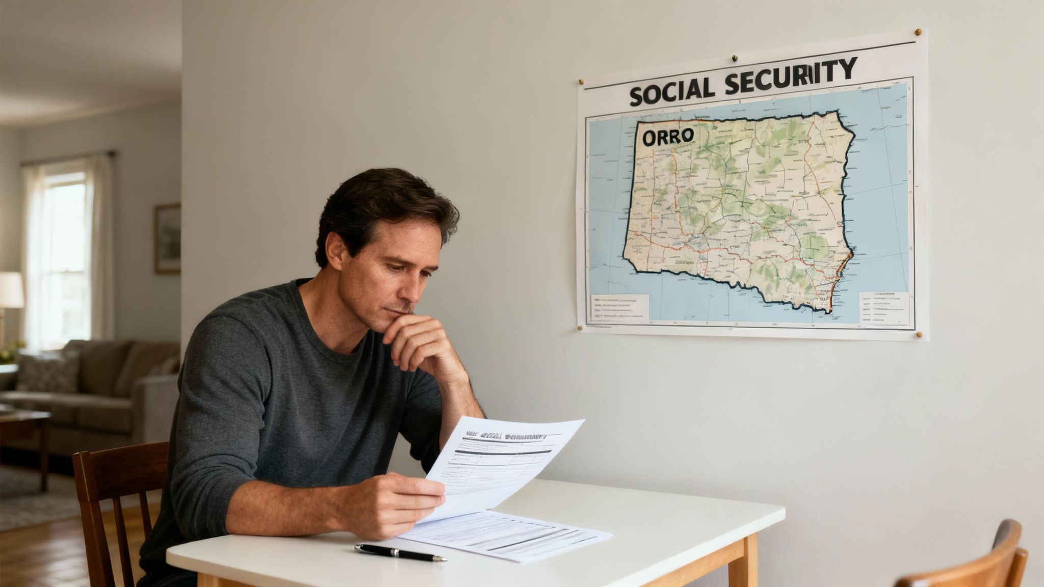 A thoughtful man reviews documents at a table, with a Social Security map behind him.
