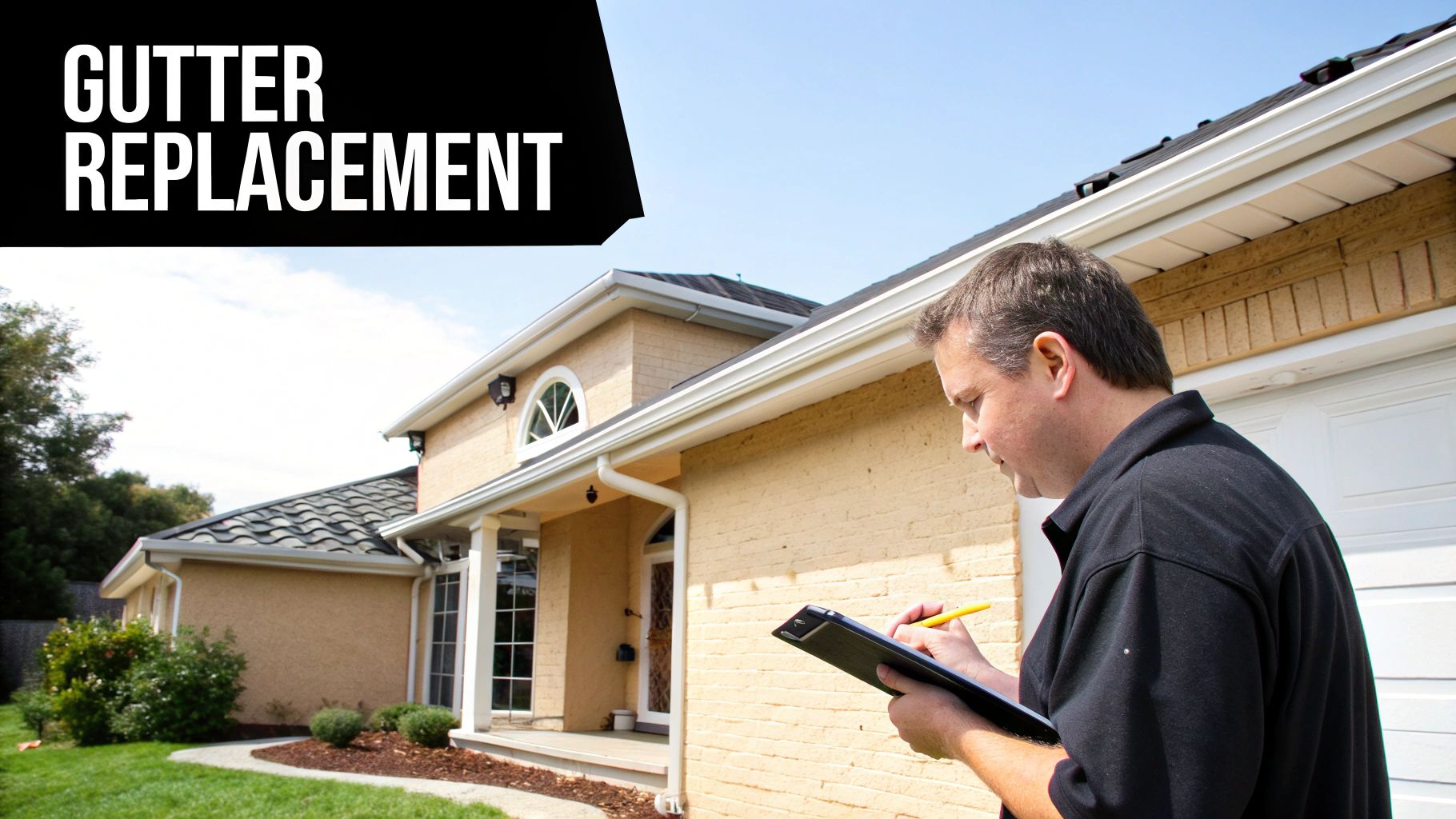 A man in a black shirt inspects house gutters, writing on a clipboard, with 'GUTTER REPLACEMENT' text.