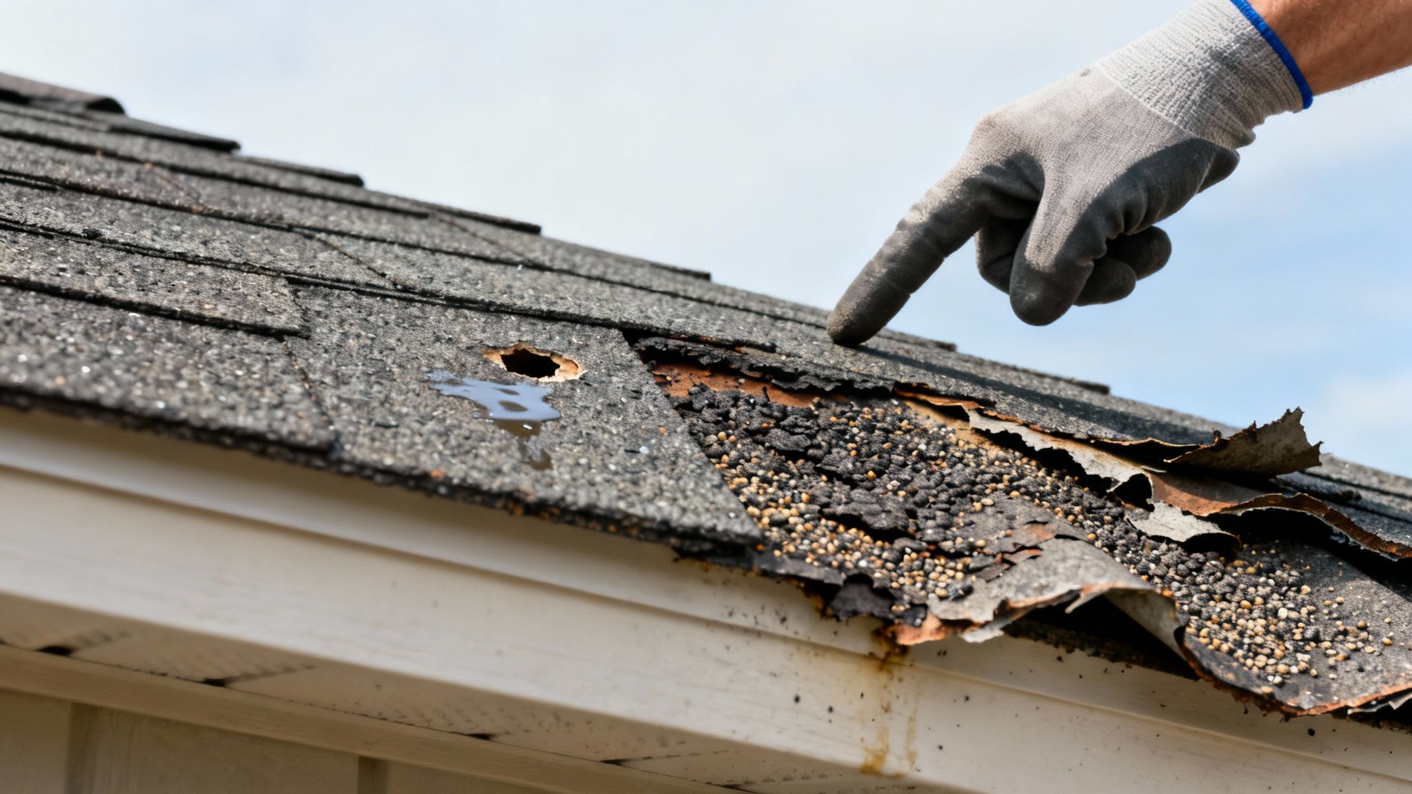 A close-up view of damaged asphalt shingles on a roof, showing signs of wear and tear