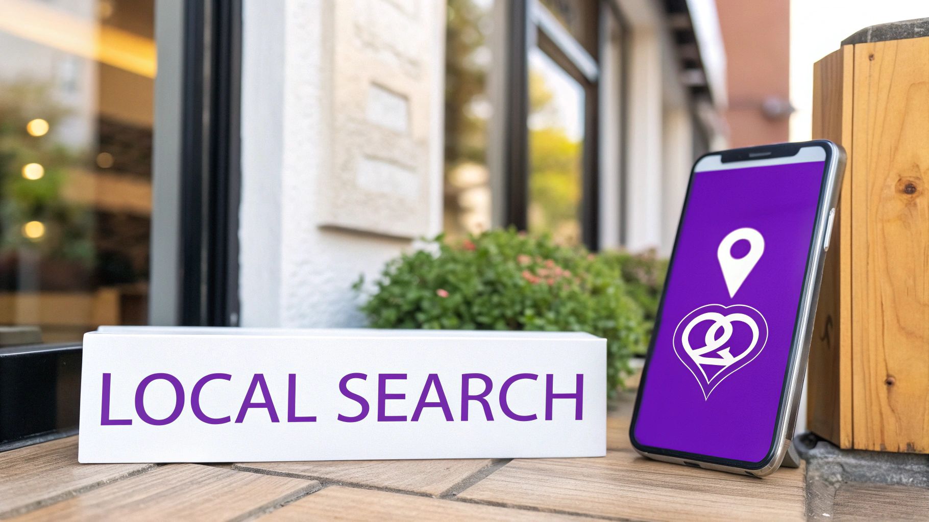 A smartphone showing a location pin and a heart-shaped pretzel logo next to a 'LOCAL SEARCH' sign, representing local business marketing.