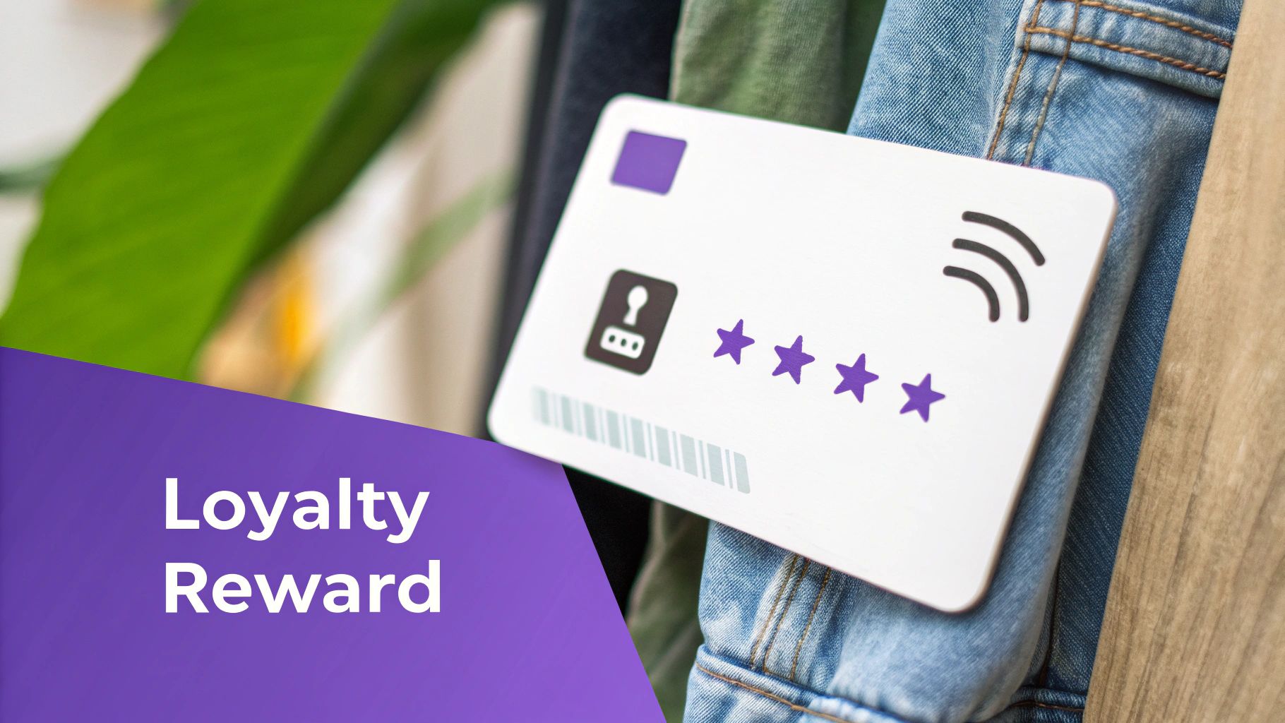 A white loyalty reward card with stars and contactless symbol, partially covered by 'Loyalty Reward' text.