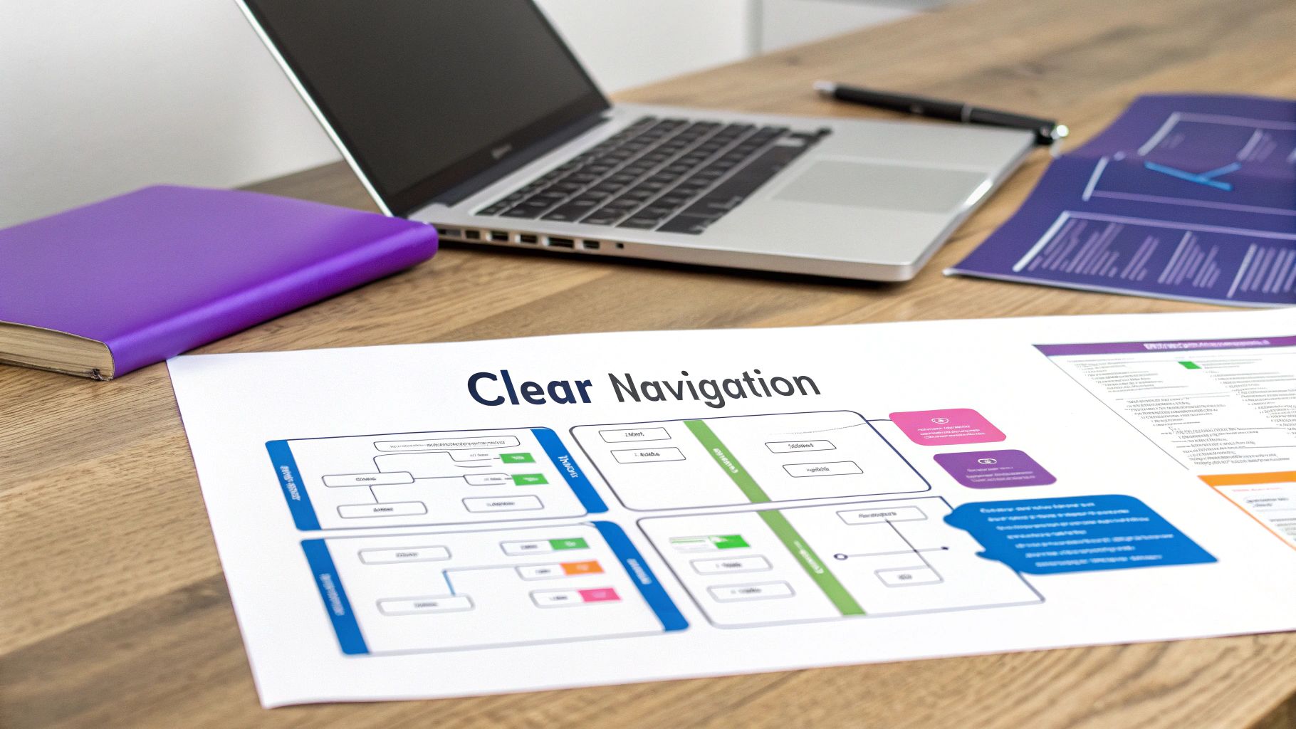 A desk with a 'Clear Navigation' document, laptop, and purple notebook, illustrating user experience design.