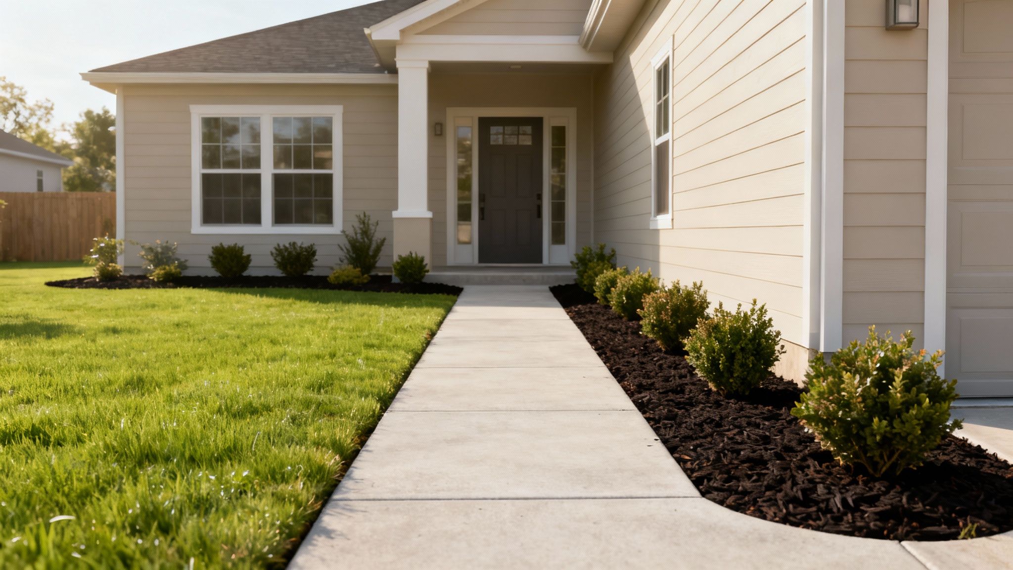 A well-maintained single-story house with a green lawn, sidewalk, and dark front door.