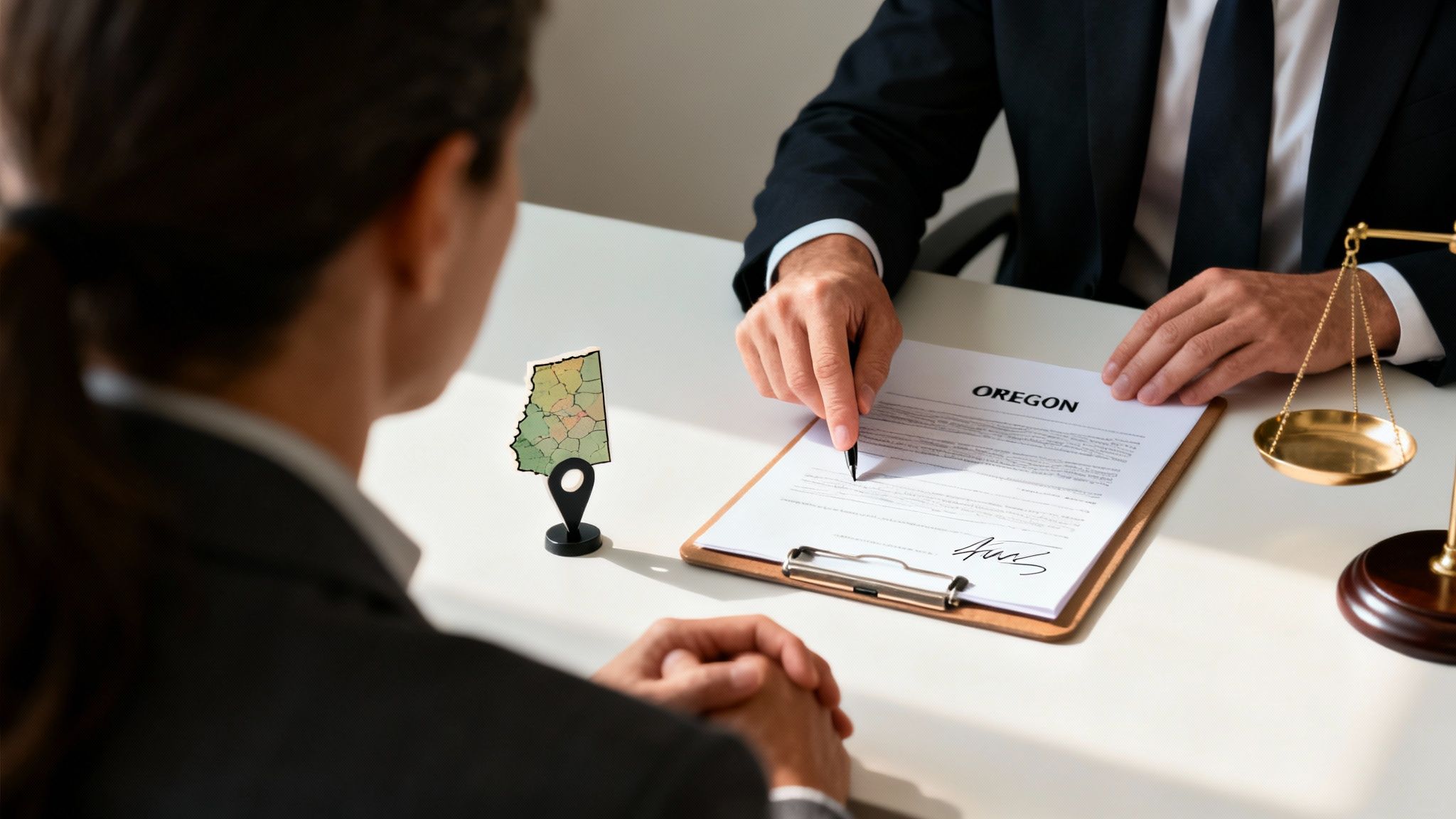 A lawyer points to a document labeled 'Oregon' for a client, with a state map and scales of justice on the desk.
