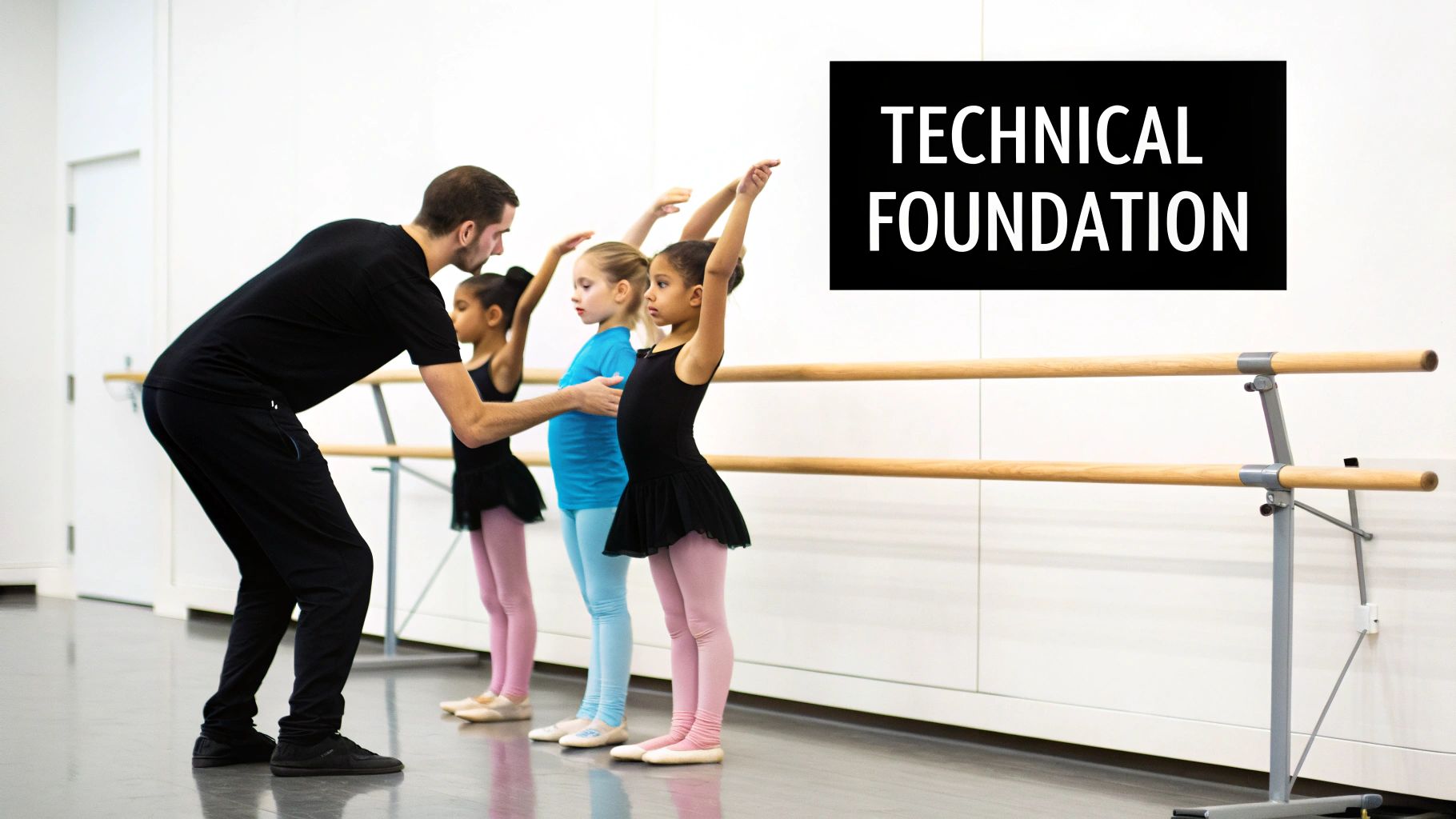 An adult male ballet instructor guides young girls through arm positions at a dance barre.