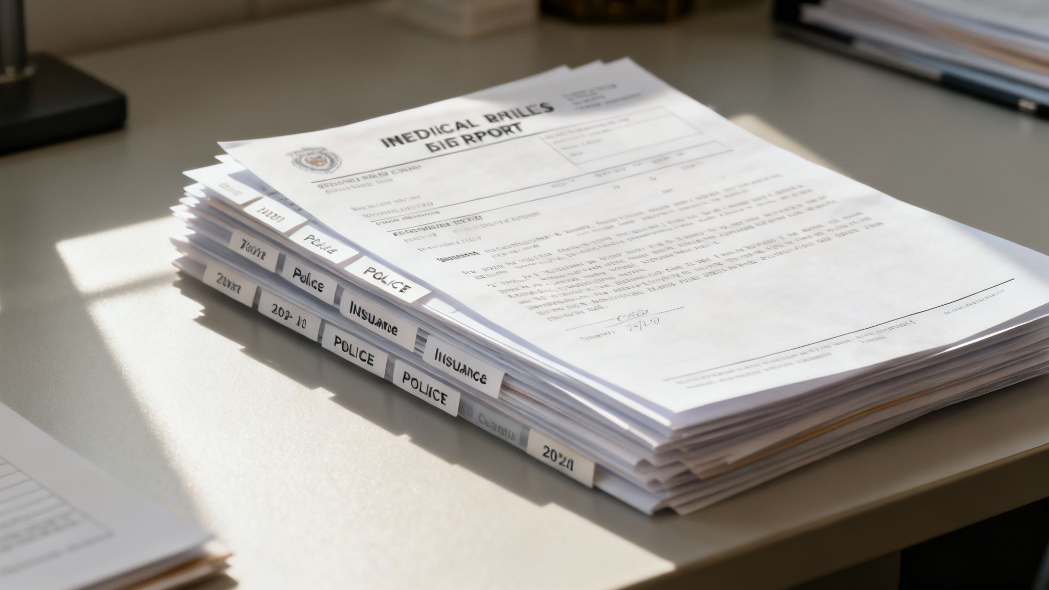 A person meticulously organizing legal documents on a large wooden table.