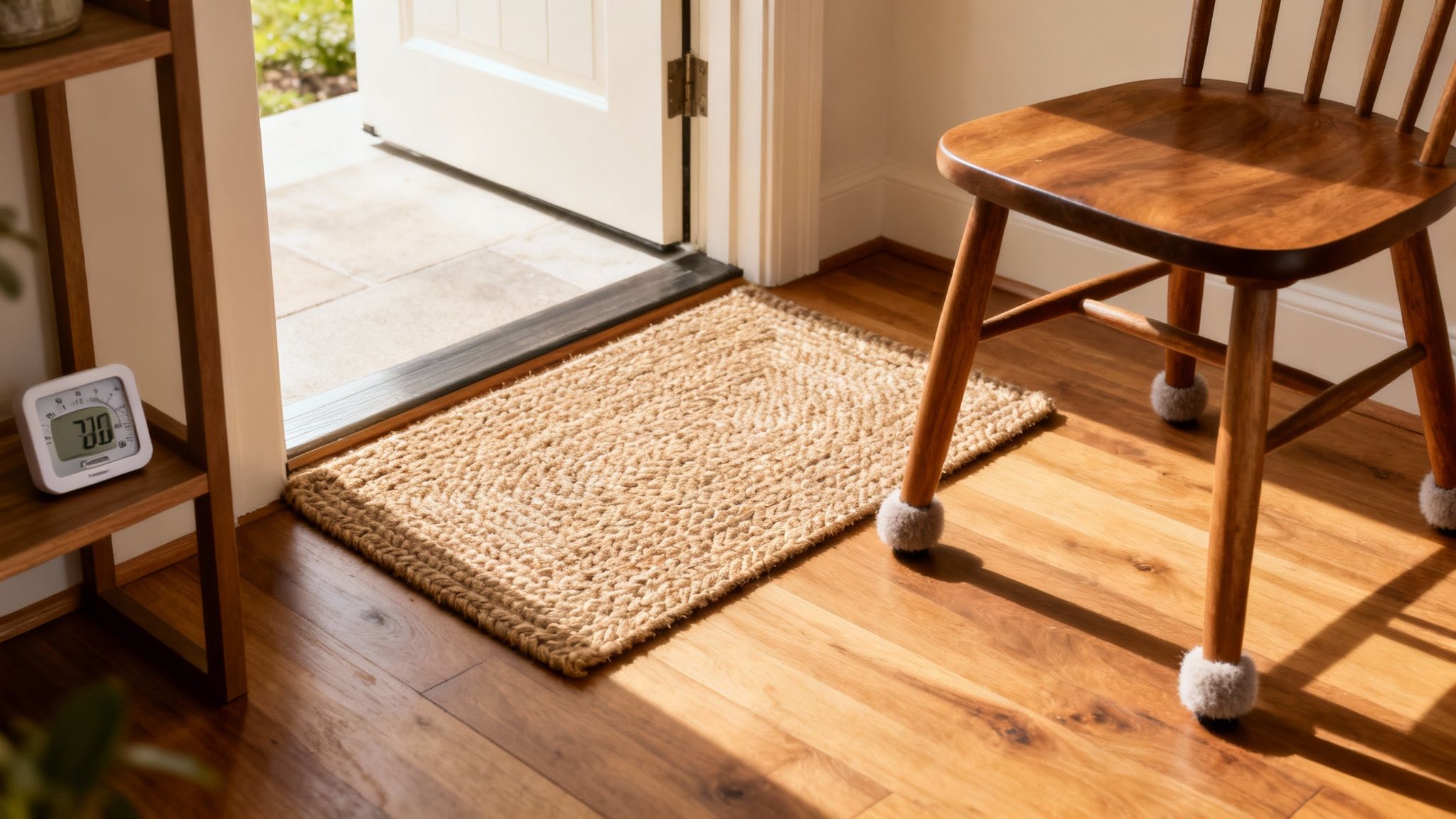 An inviting entryway with a natural fiber mat, a wooden chair, and a digital thermometer.