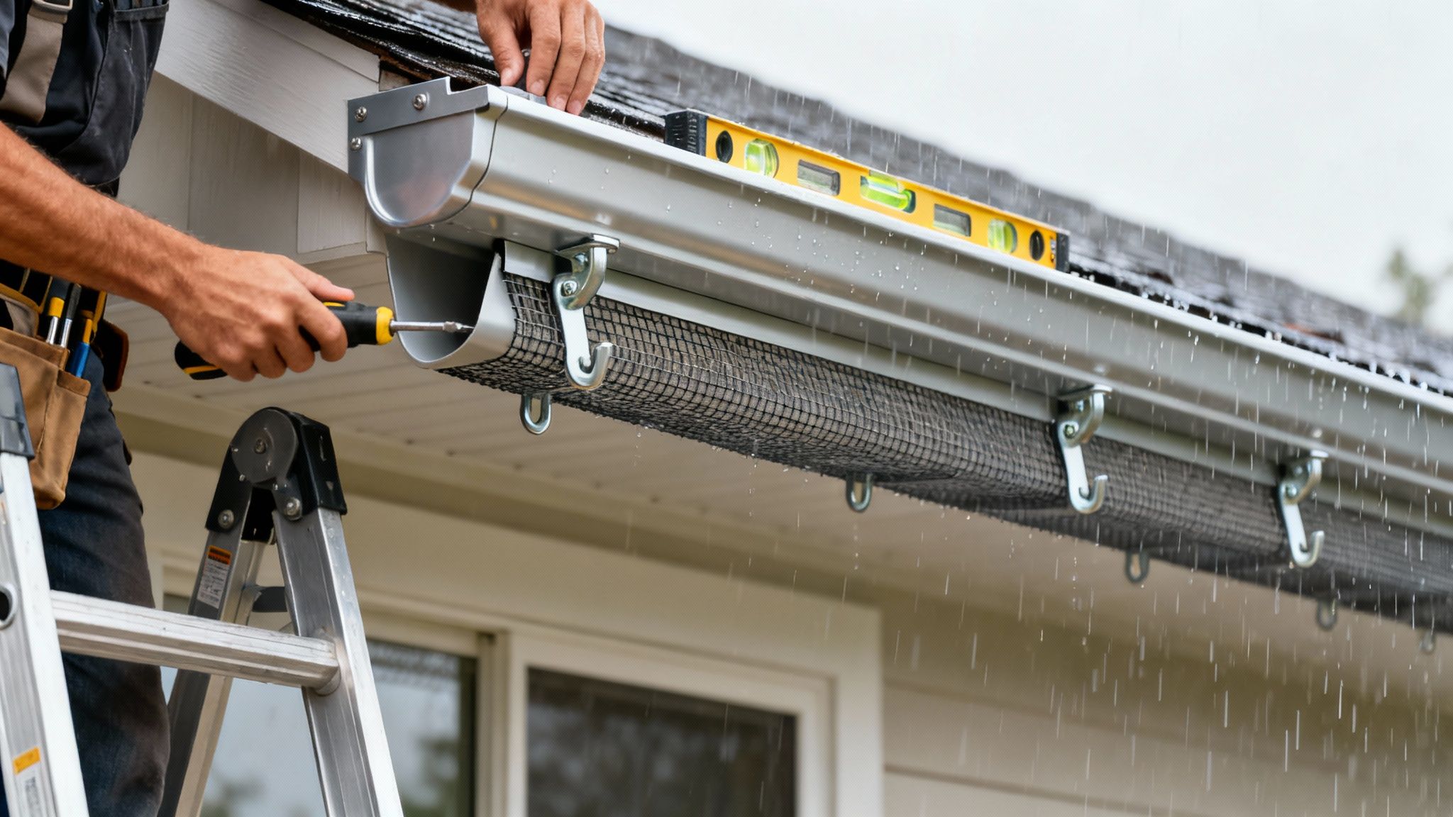 A person installing a new rain gutter with a mesh guard on a house during light rain, using a screwdriver and a level.
