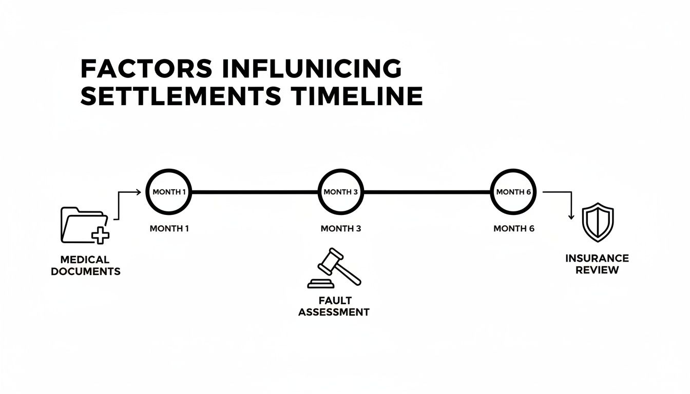 A timeline illustrating factors influencing settlement, including medical documents, fault assessment, and insurance review over 6 months.