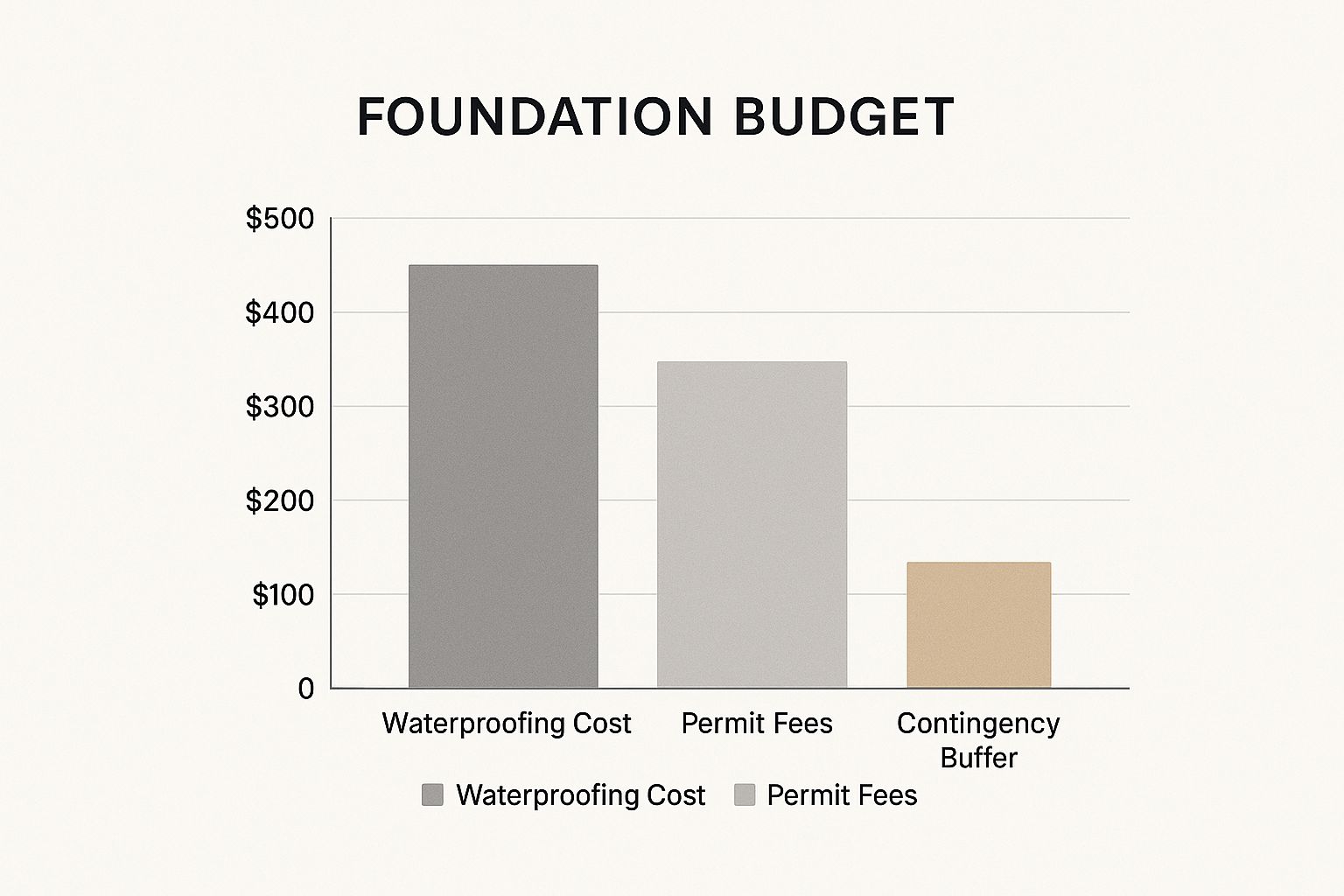 Infographic comparing key foundation budget items for a basement remodel, including waterproofing, permits, and a contingency buffer.