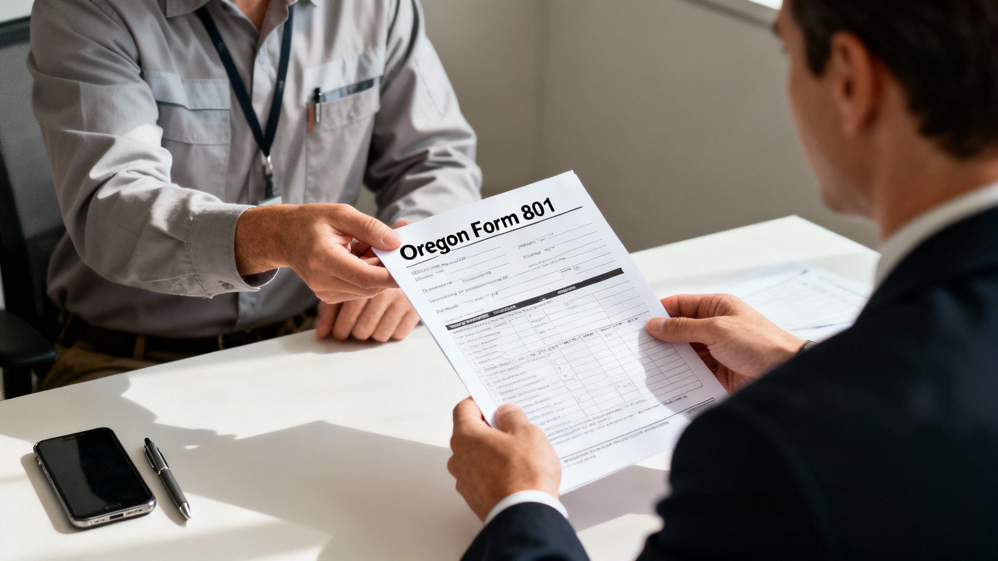 A person filling out an official form at a desk with a pen.
