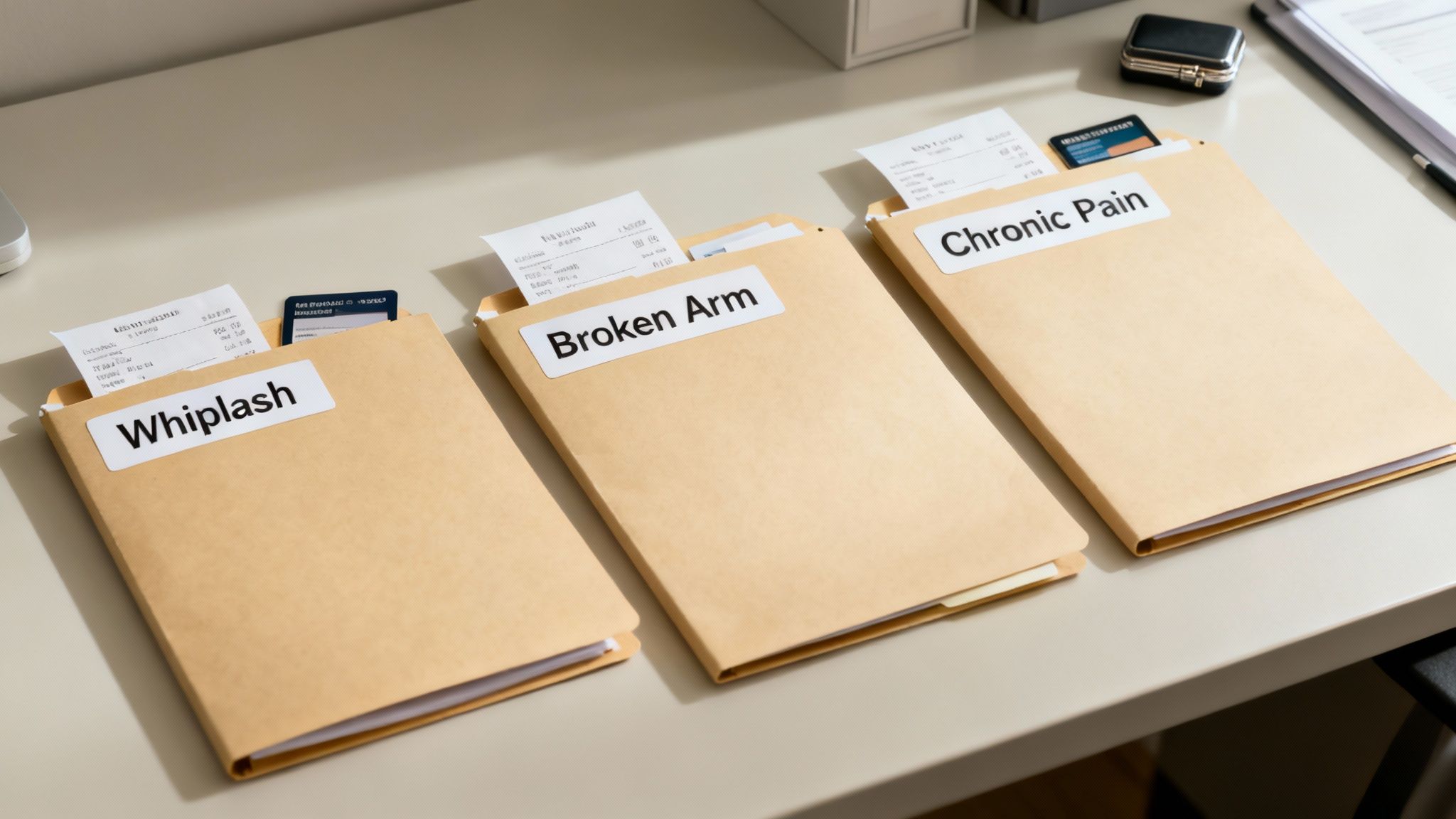 Three manila folders labeled Whiplash, Broken Arm, and Chronic Pain with medical documents and insurance cards