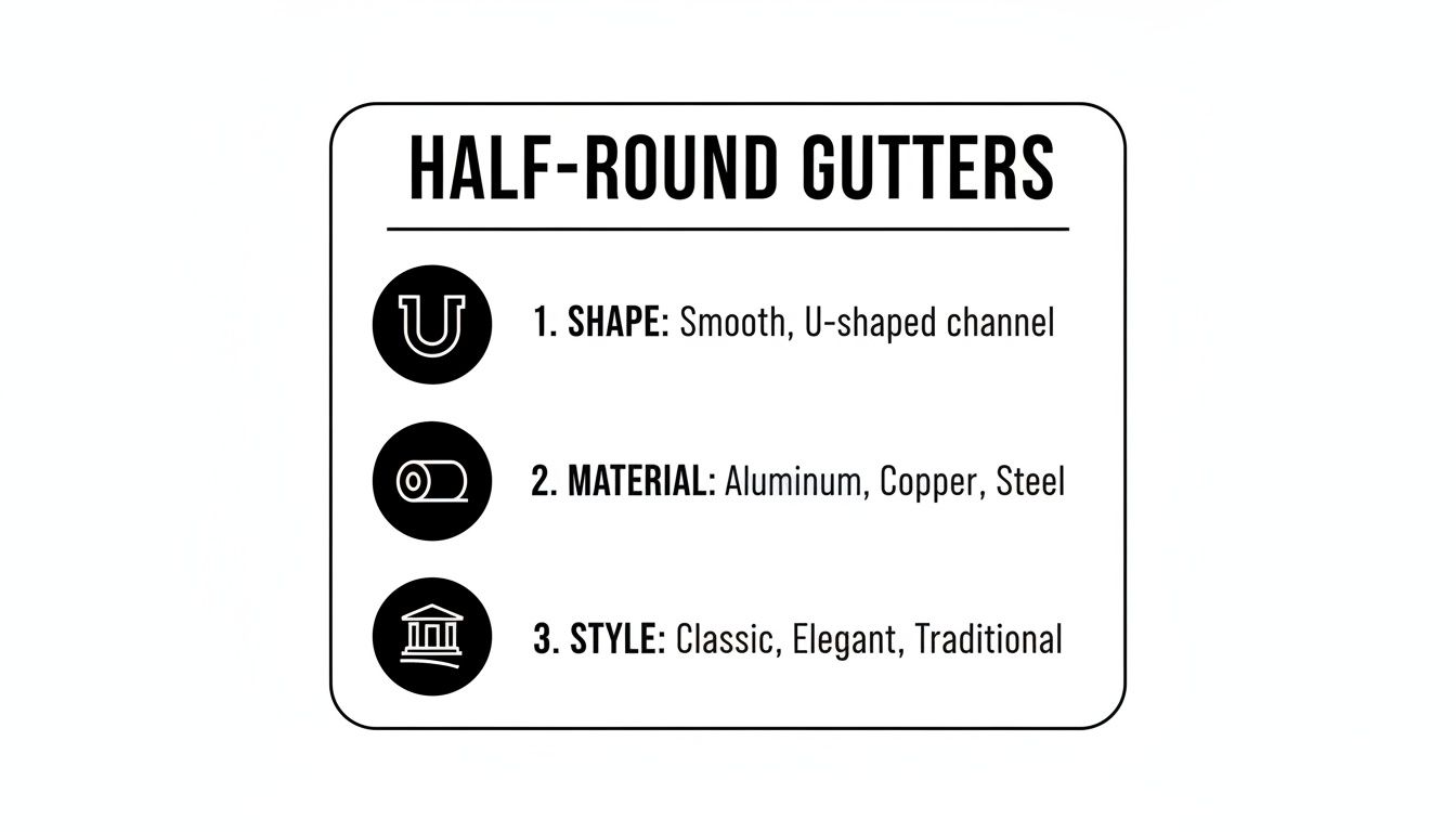 An infographic detailing half-round gutters, describing their U-shape, materials like aluminum, copper, steel, and classic style.