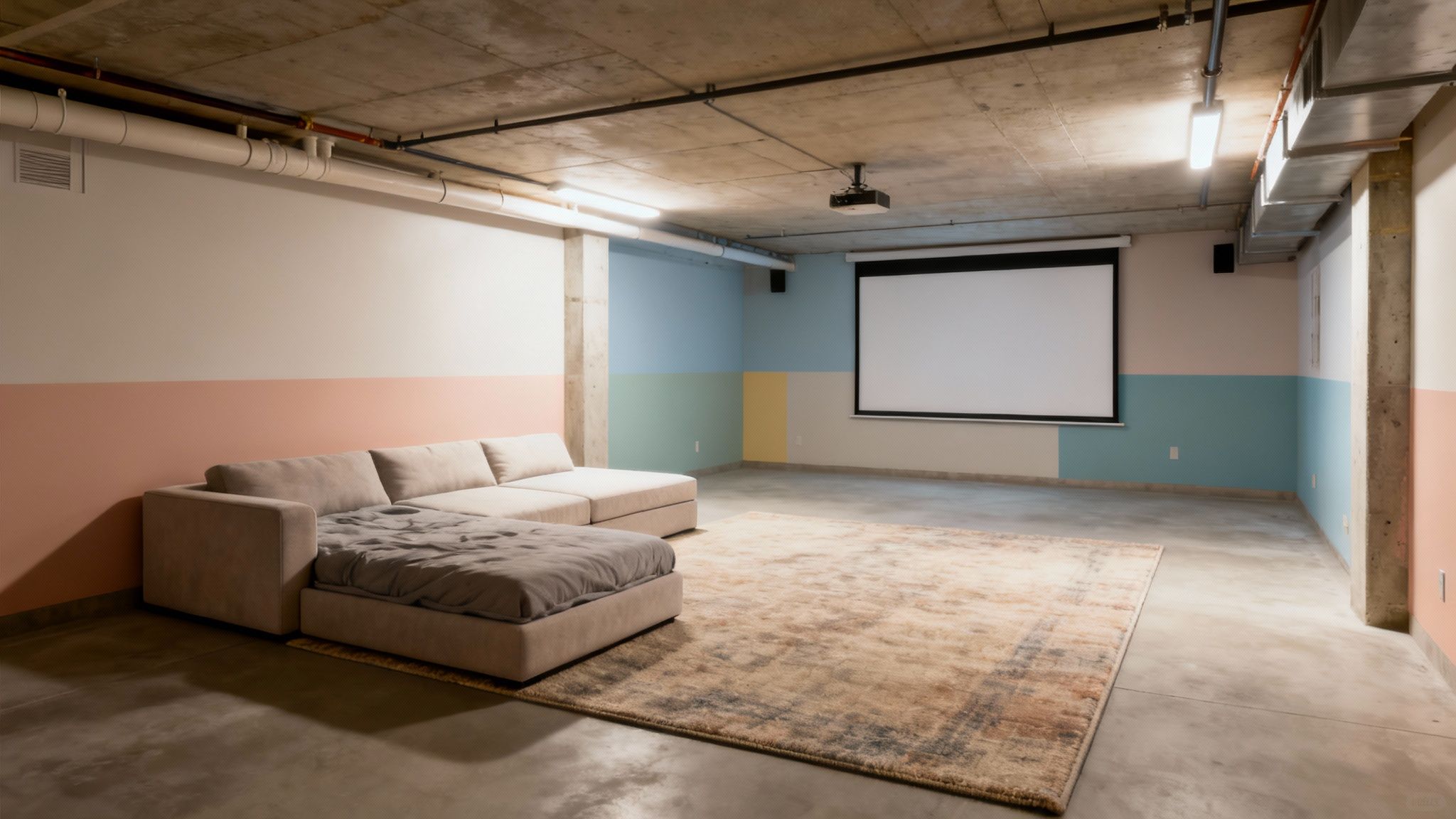 A stylish finished basement with a comfortable seating area, area rug, and layered lighting.