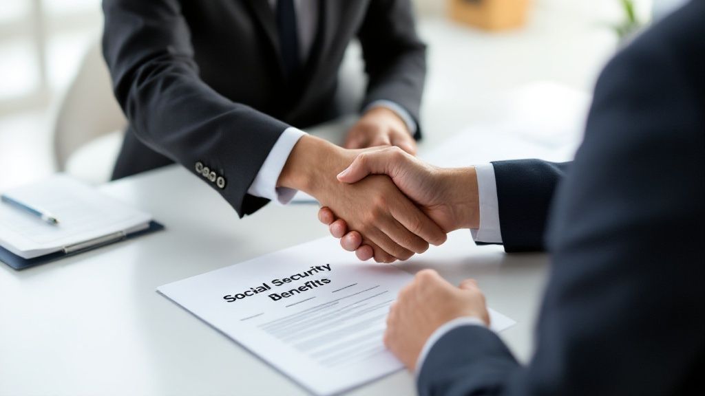A person signing a legal document with a pen, representing a fee agreement.
