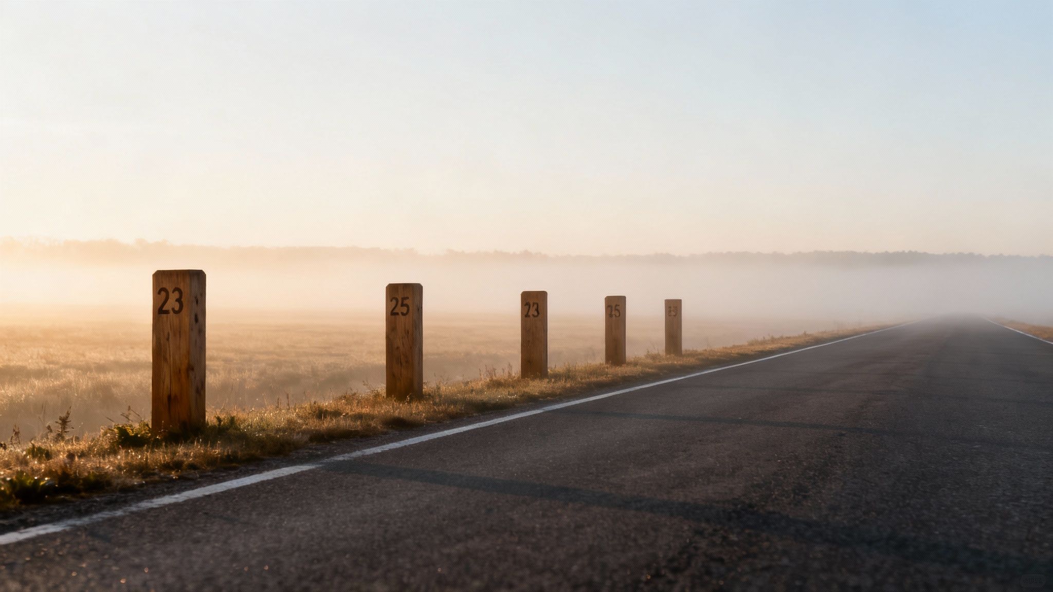 Wooden distance markers along misty rural road showing sequential numbers marking journey milestones
