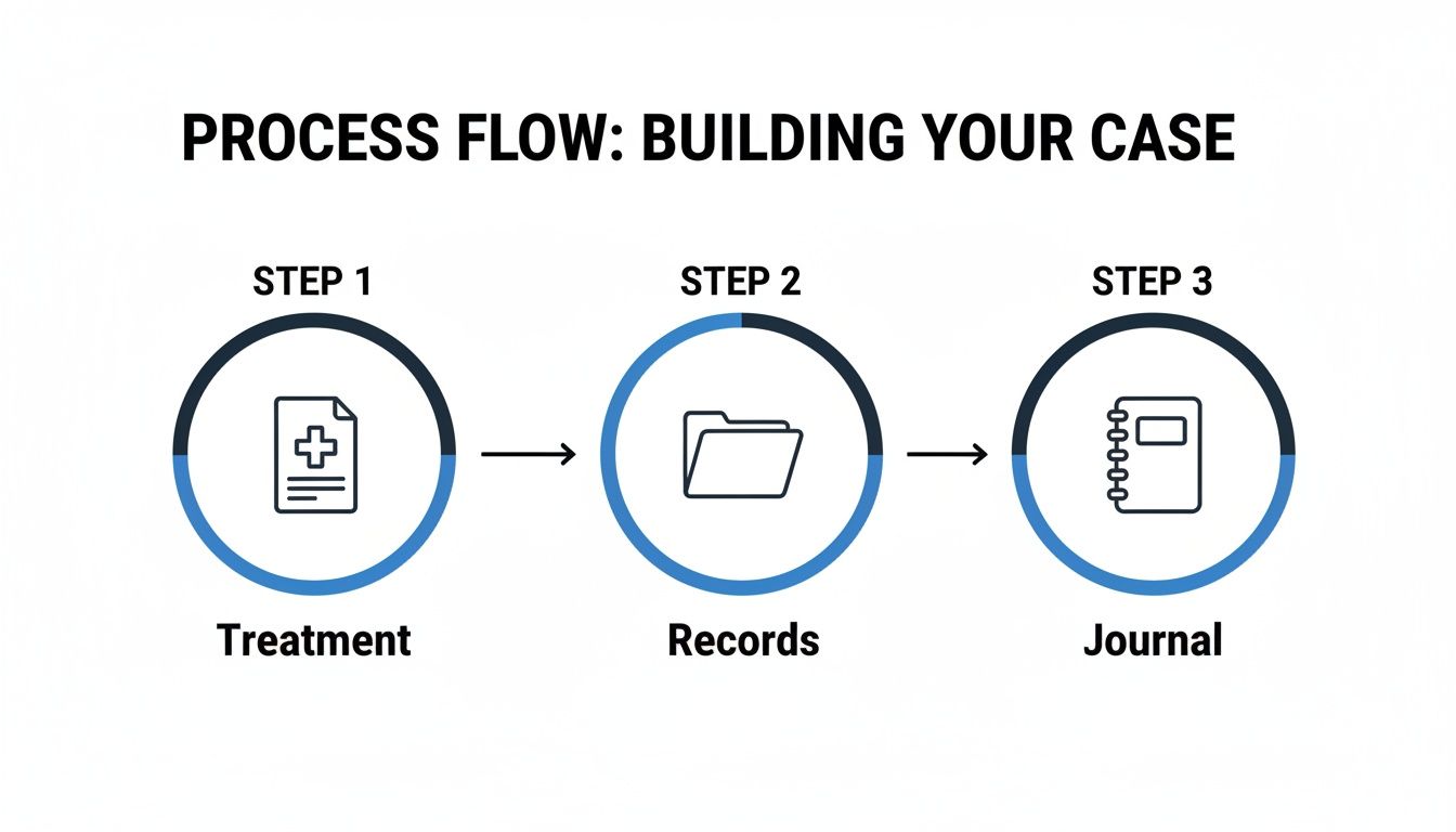 A three-step process flow illustrating how to build your case, including Treatment, Records, and Journal.