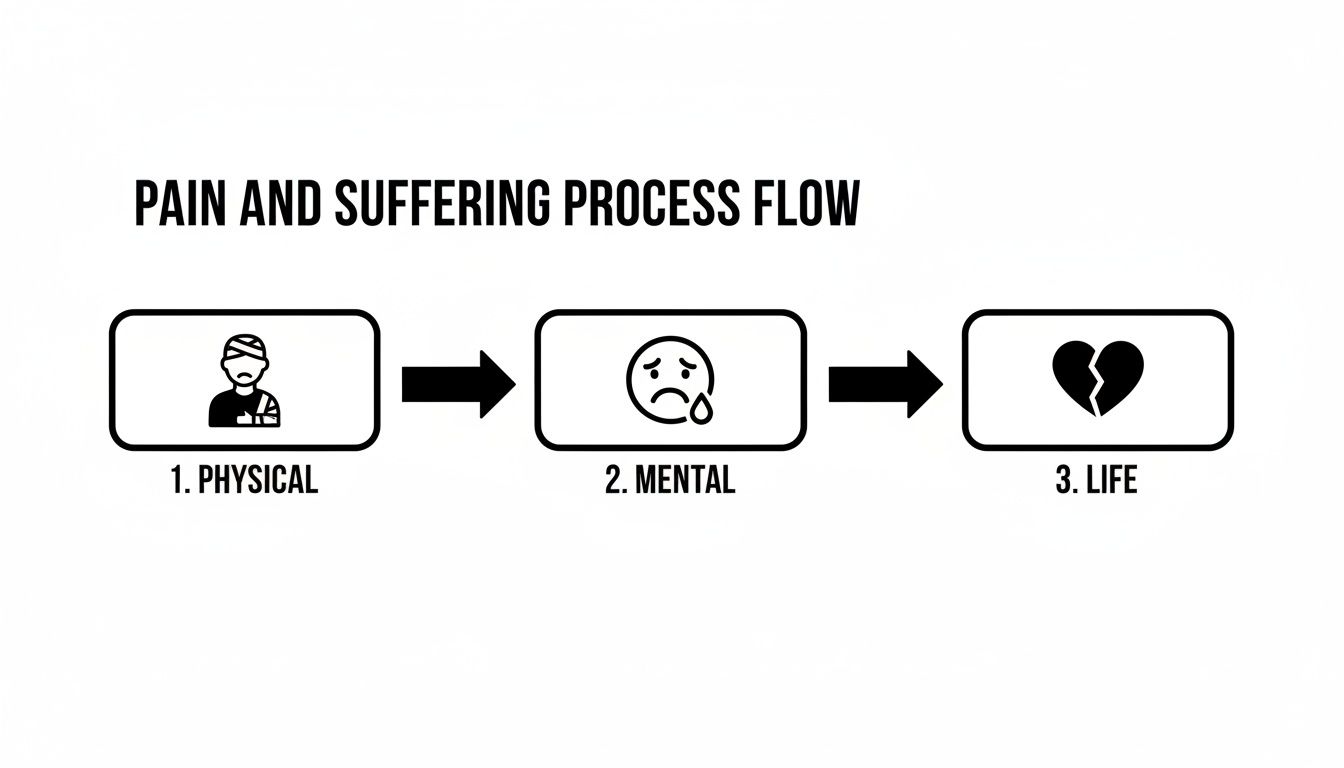 A process flow diagram illustrates the progression of pain and suffering from physical injury to mental distress and a broken life.