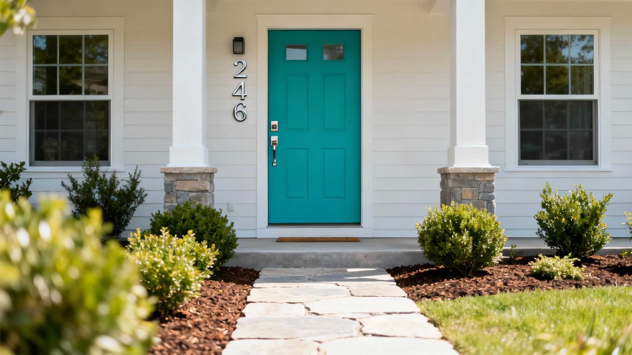 A bright teal front door on a white house with stone pillars and a flagstone path.