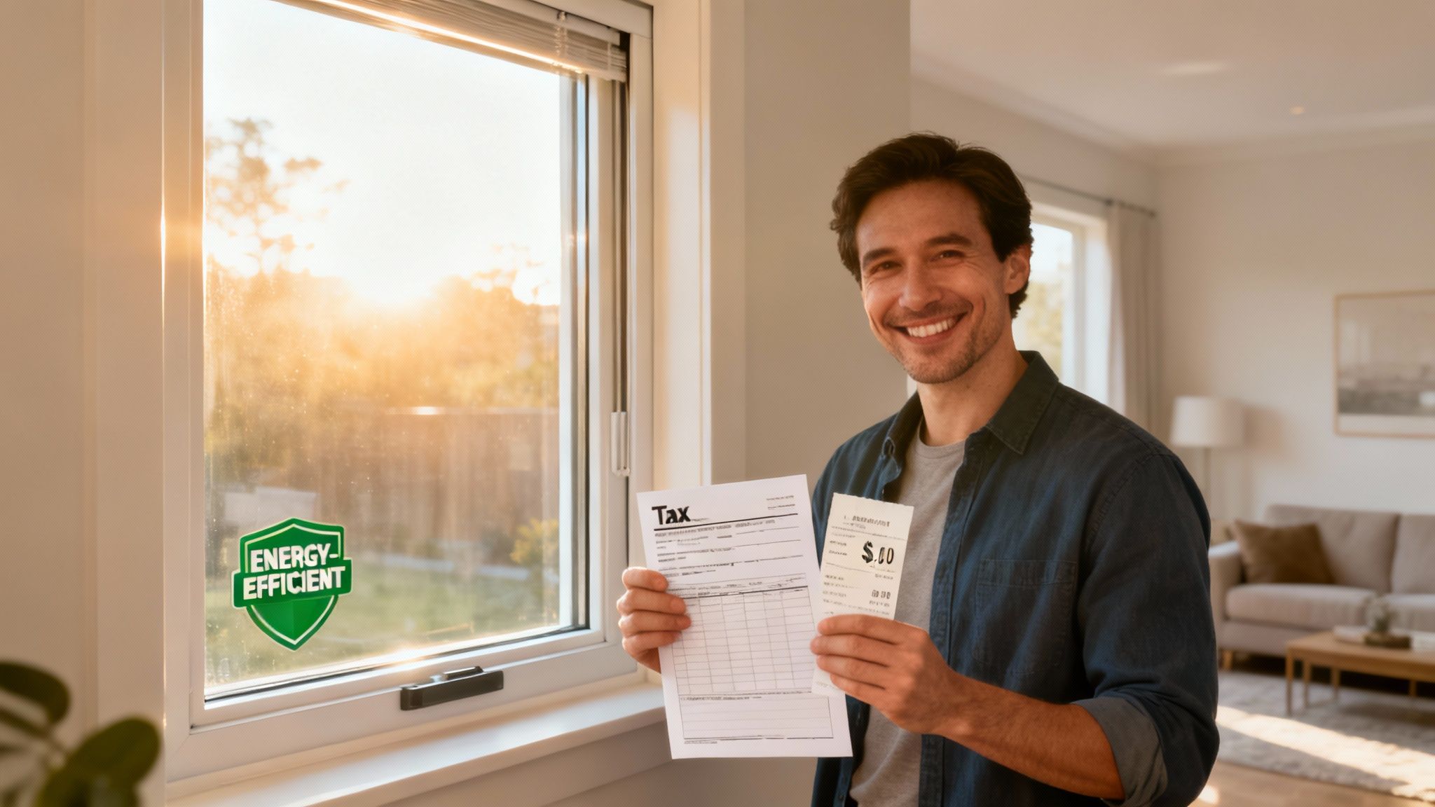 A smiling man holds a tax form and receipt next to an energy-efficient window at sunset.