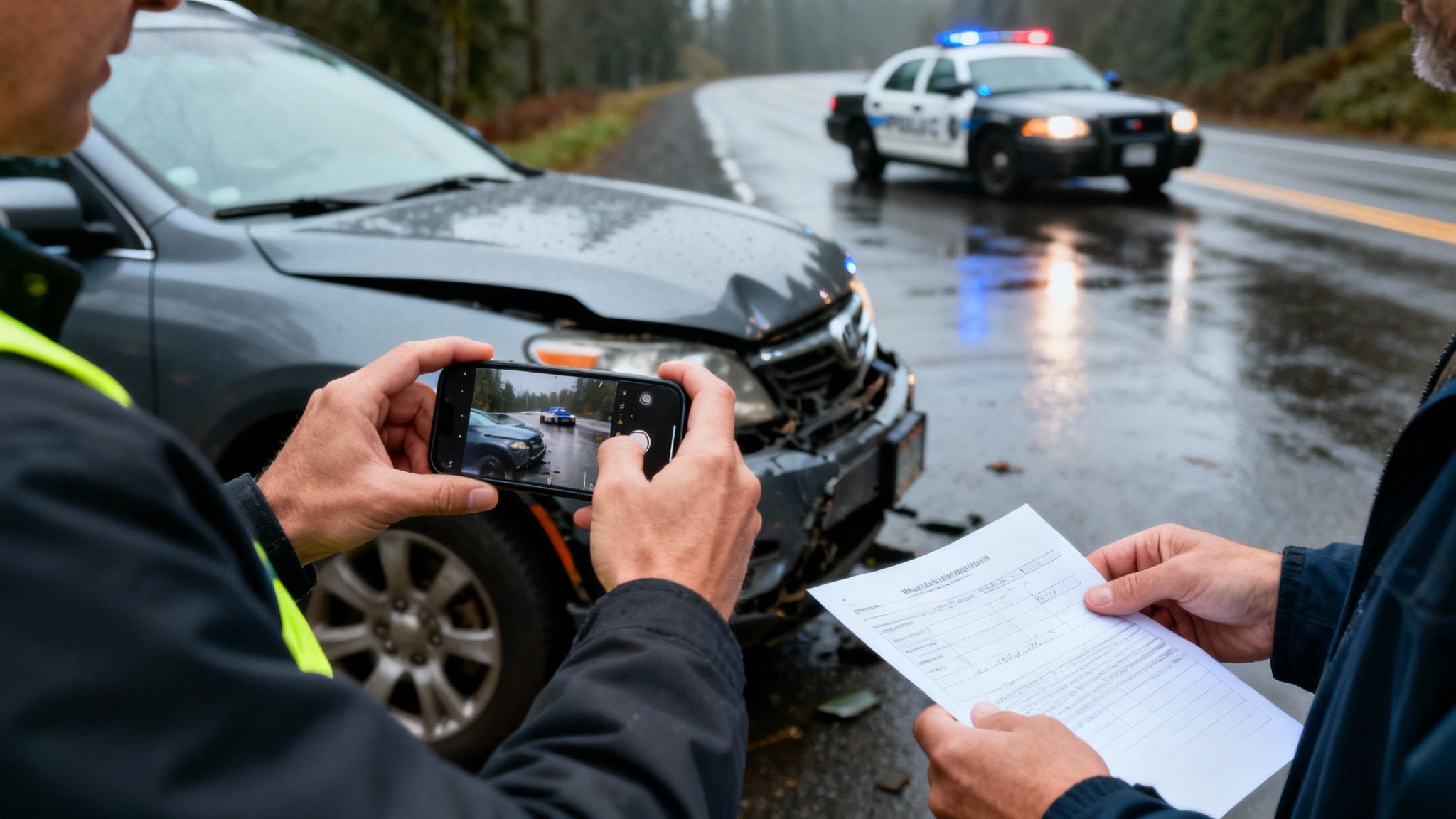 Two men documenting a car accident scene, one taking phone pictures of the damaged vehicle, with a police car.