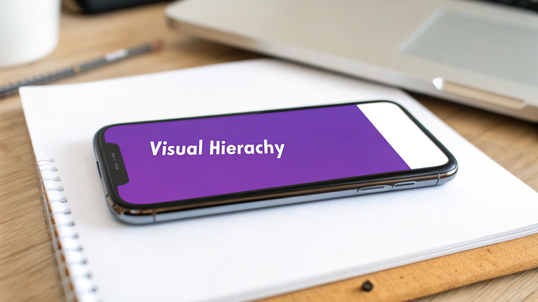 A smartphone displaying 'Visual Hierarchy' text on a vibrant purple screen, resting on a white notebook.