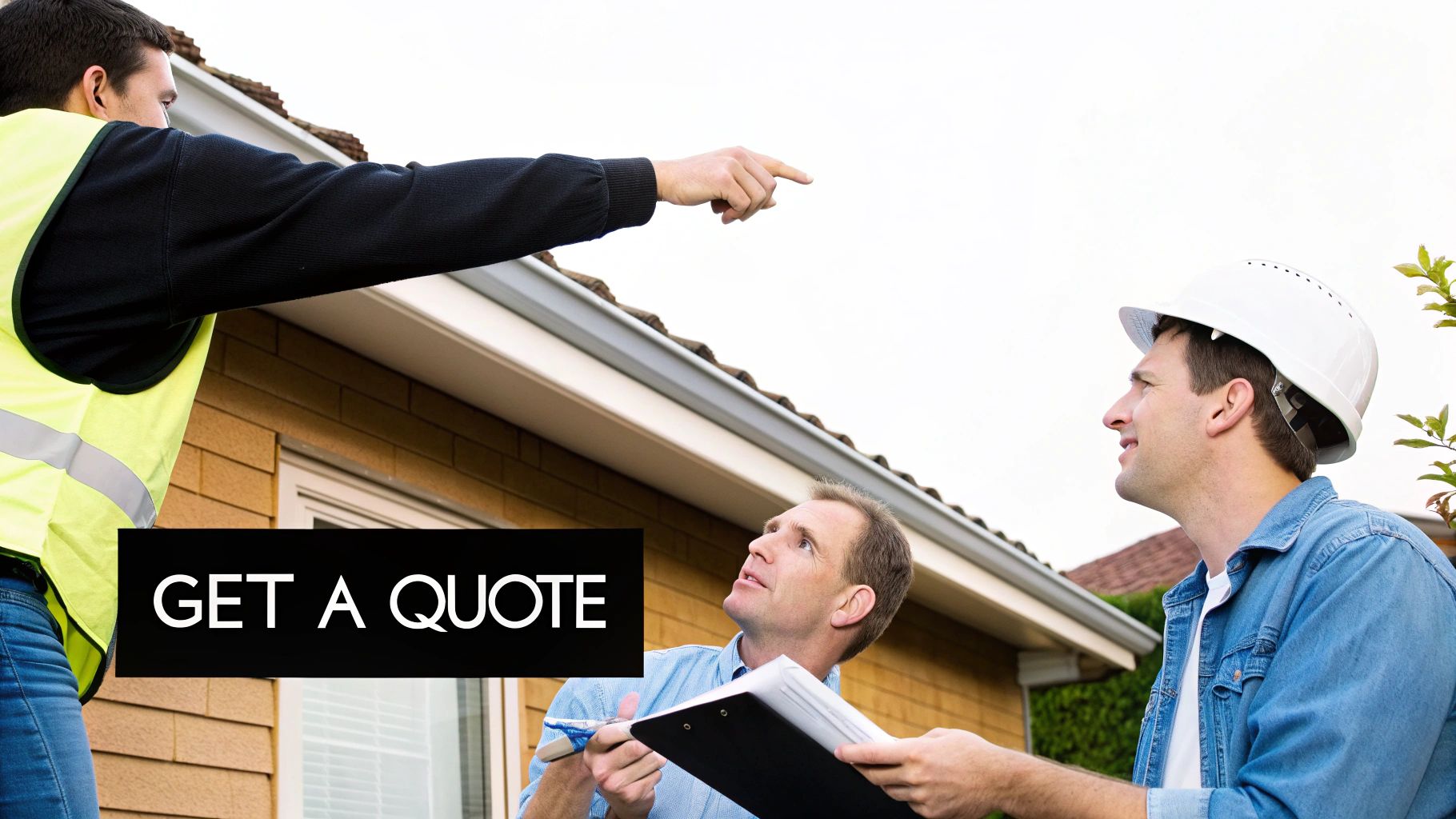 Workers in safety vests and hard hats inspecting house gutters for a quote.