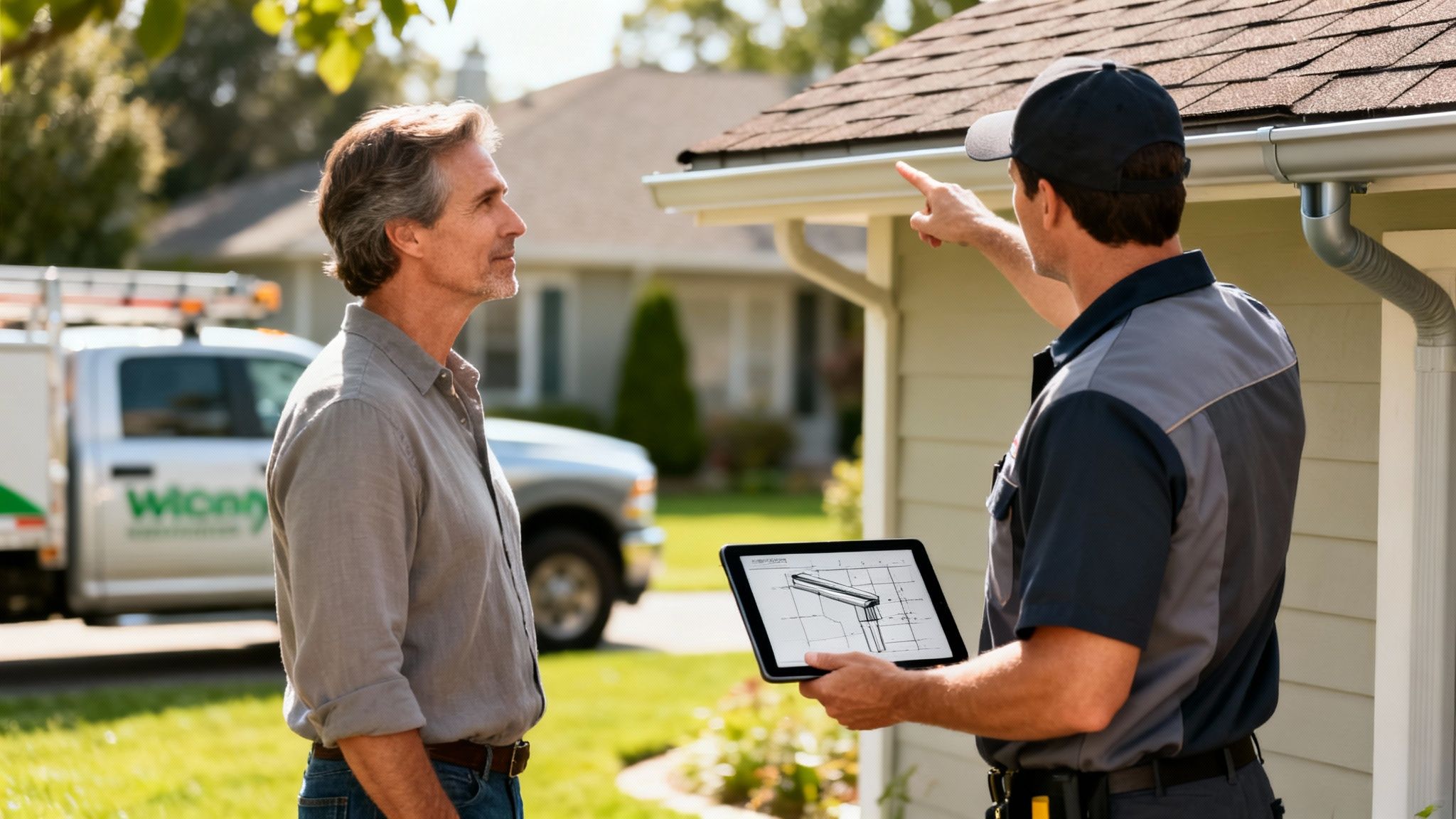 Service technician discusses gutter repair plan with homeowner, pointing at the gutter.