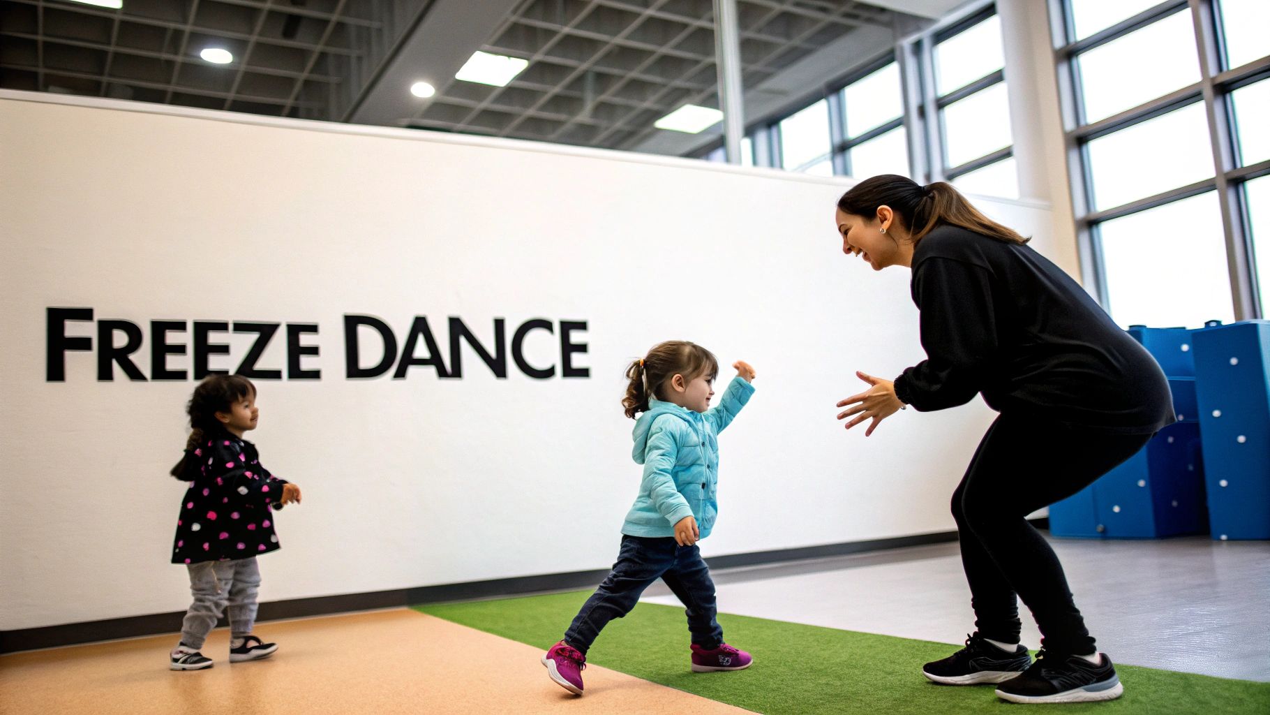 Smiling adult leads two young children in an interactive "Freeze Dance" activity indoors.