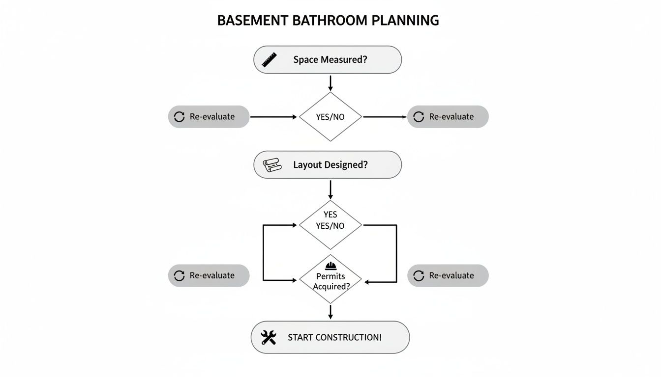 A flowchart detailing the steps for basement bathroom planning, including measuring, design, and permits.