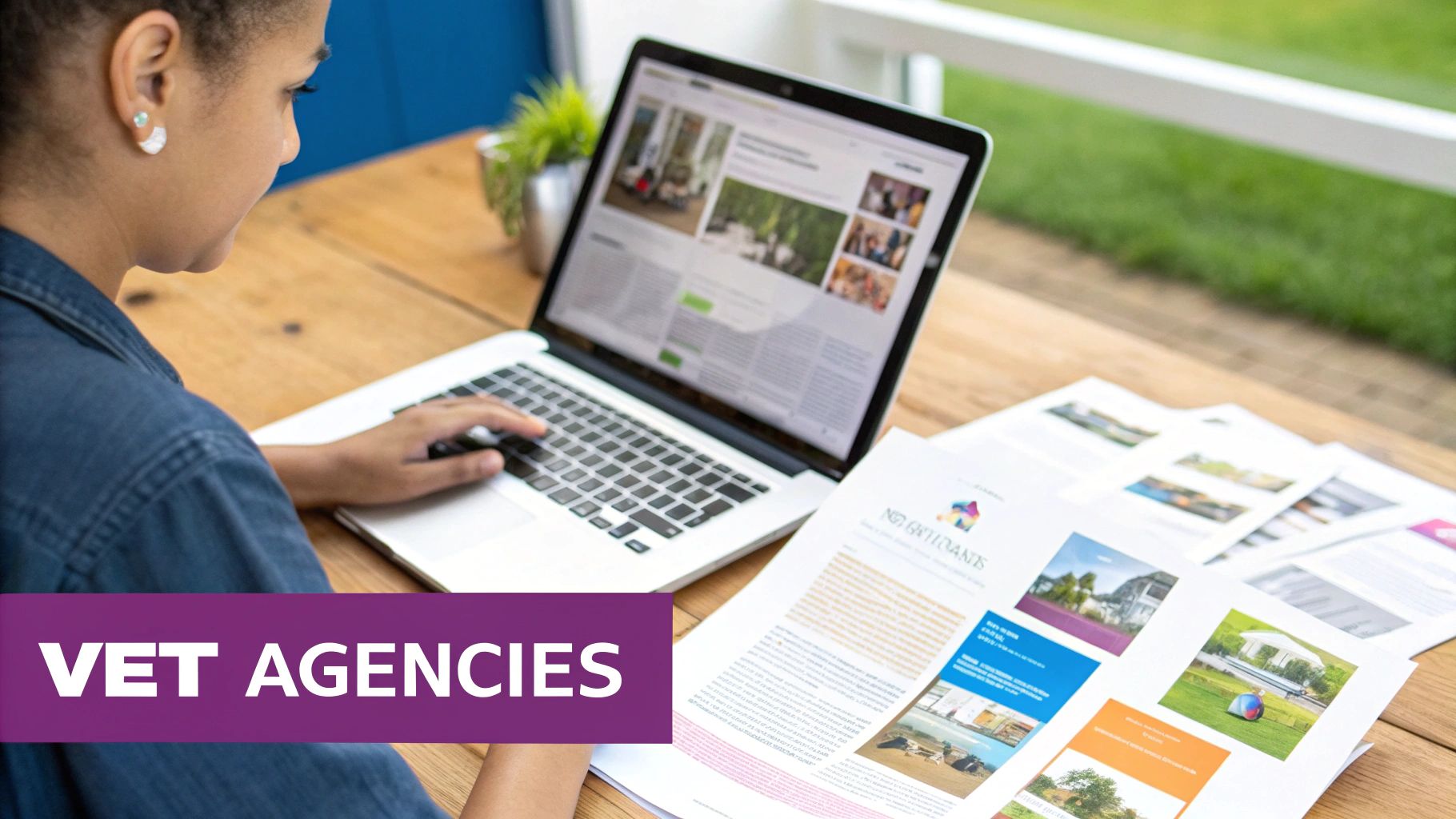 A magnifying glass hovering over a digital screen displaying profiles of different marketing agencies.