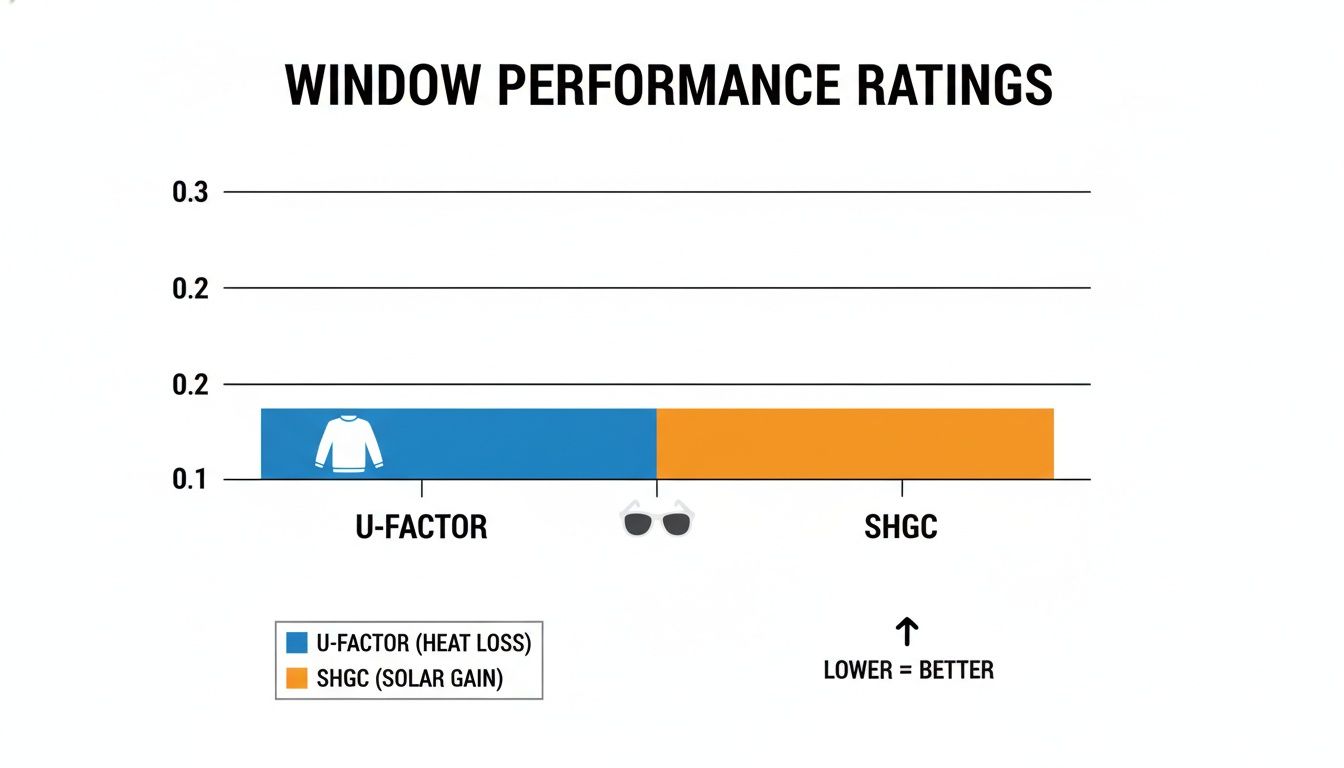 Bar chart illustrating window performance ratings for U-factor (heat loss) and SHGC (solar gain).