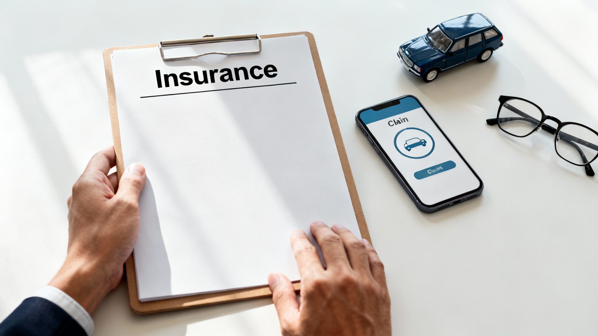 Hands holding a car insurance document and a smartphone displaying a claim application.