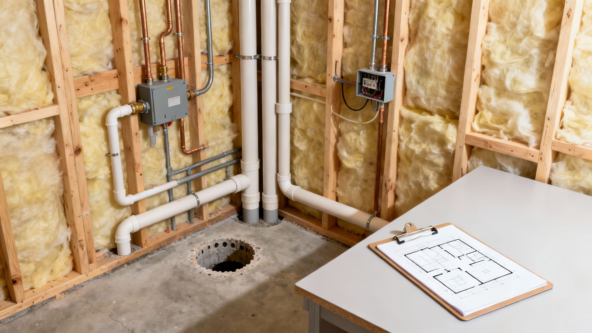 Unfinished basement showcasing exposed insulation, wooden framing, copper and PVC pipes, electrical wiring, and a floor plan.