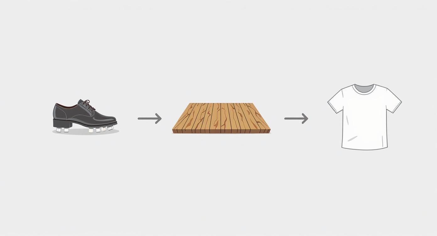Visual diagram showing transformation of tap shoes through wooden floor to dance shirt representing beginner steps