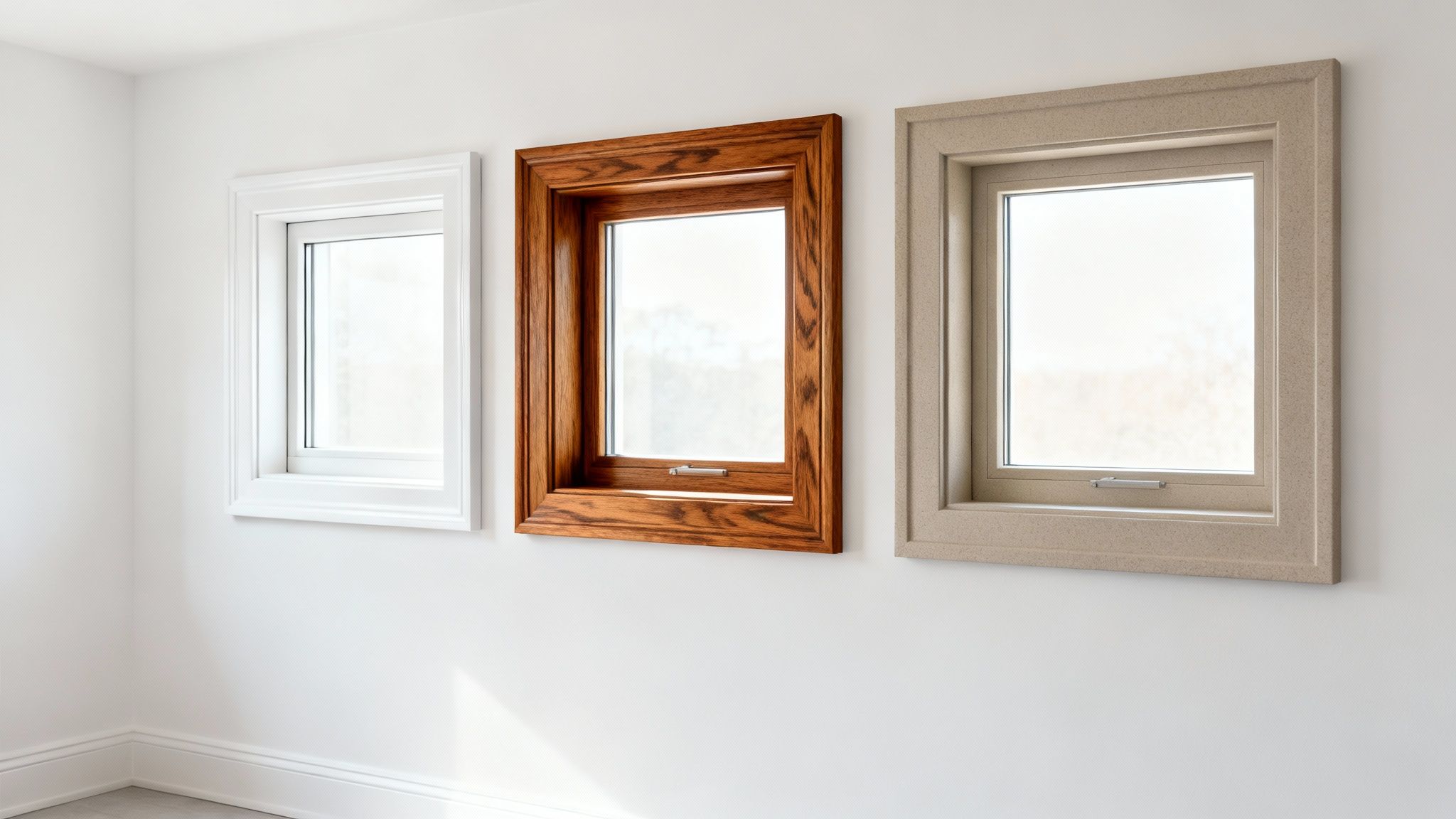 Three windows with distinct frames: white vinyl, natural wood, and light textured stone.