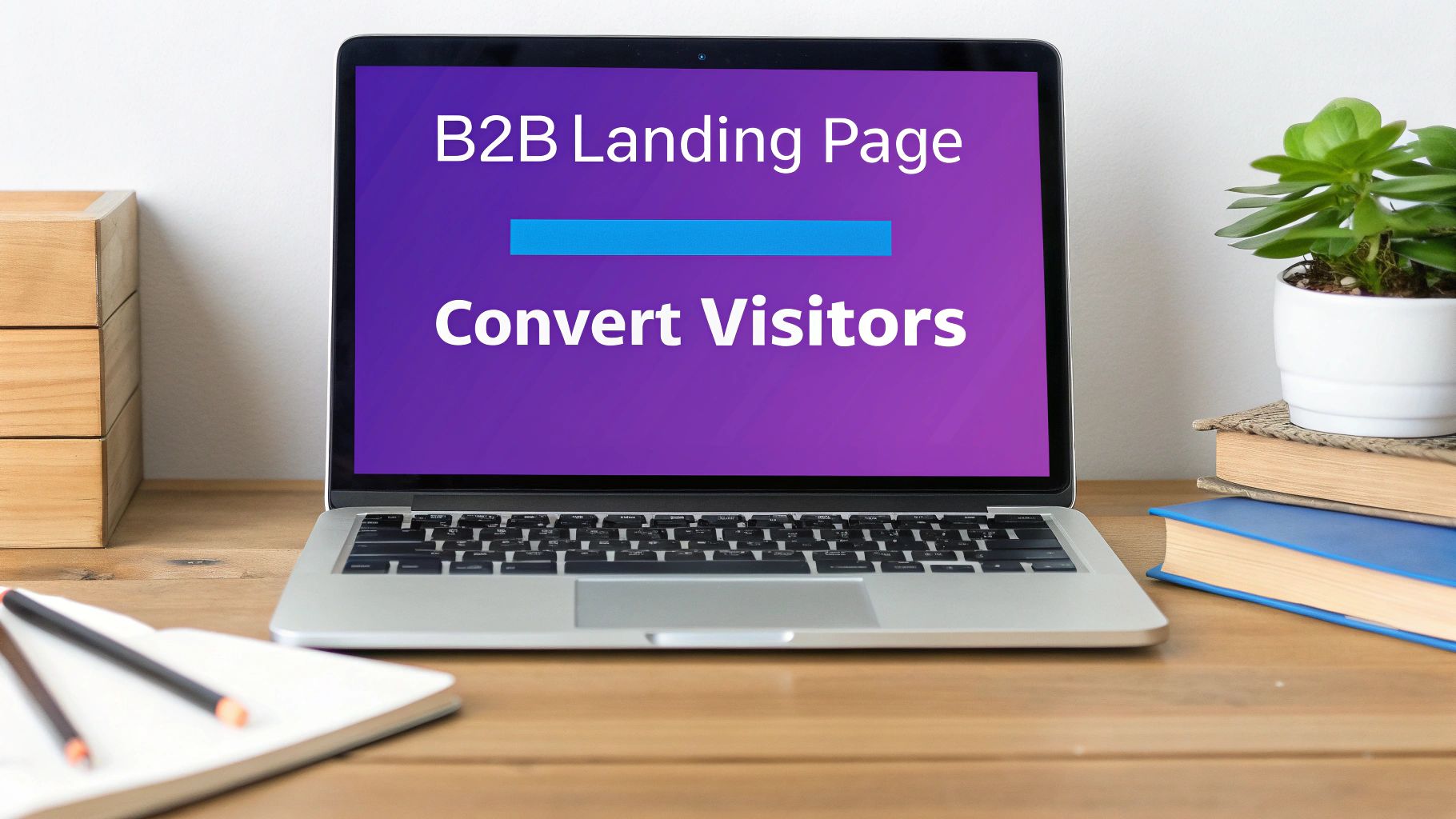Laptop showing 'B2B Landing Page, Convert Visitors' on a wooden desk with a plant, books, and notebook.