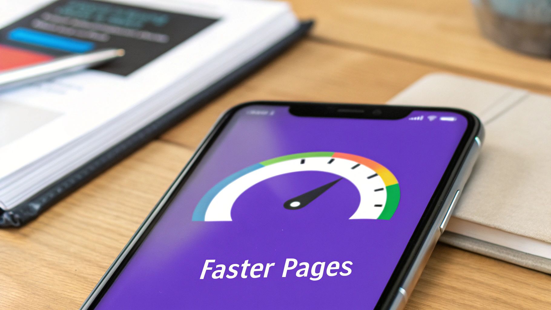 A smartphone displays a speed gauge and 'Faster Pages' text, suggesting website optimization.