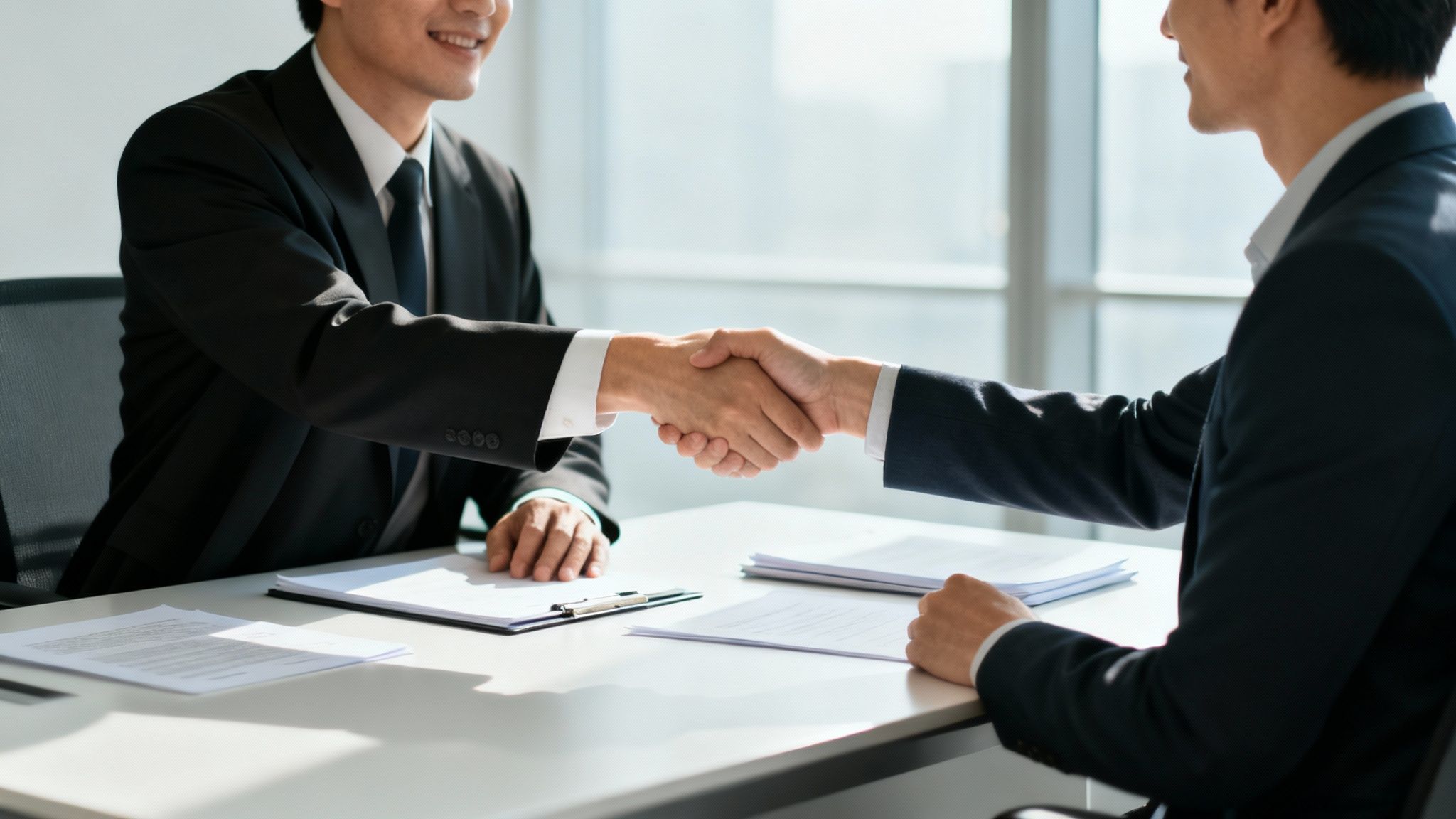 A lawyer and client shaking hands across a desk, symbolizing a successful agreement.