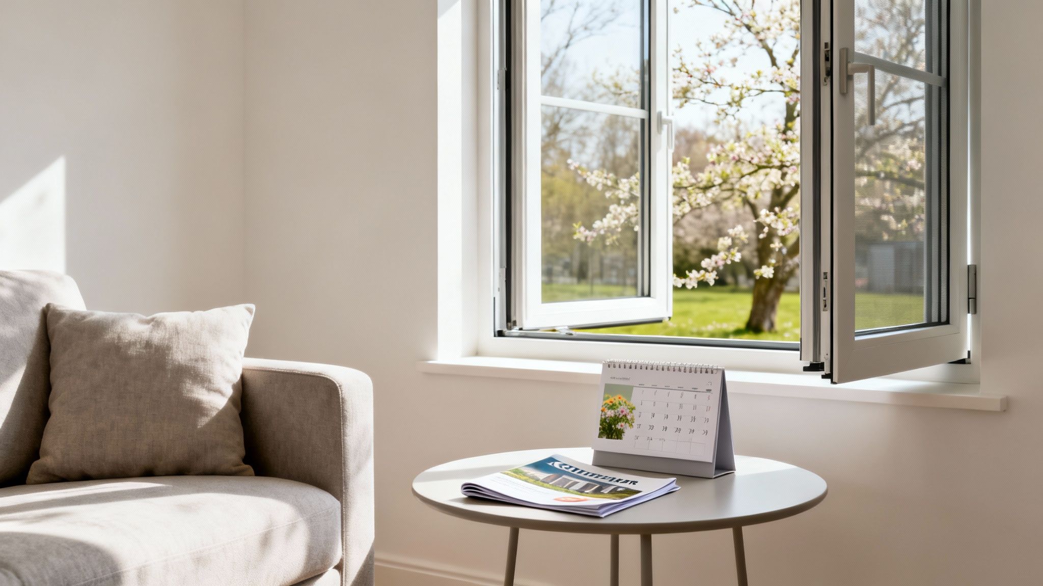 A bright, cozy room with a beige sofa, table, and an open window revealing a blossoming tree.