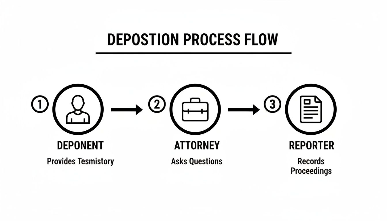 Flowchart illustrating the deposition process, showing deponent, attorney, and reporter roles sequentially.
