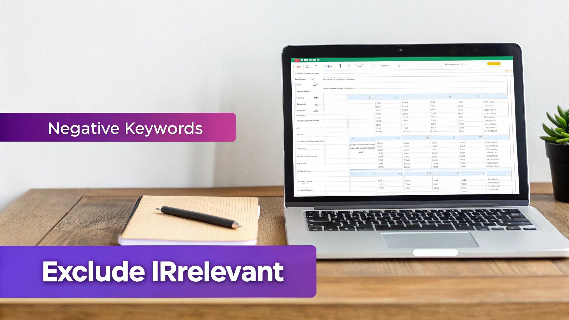 Laptop displaying a spreadsheet with 'Negative Keywords' and 'Exclude IRRelevant' banners on a wooden desk.