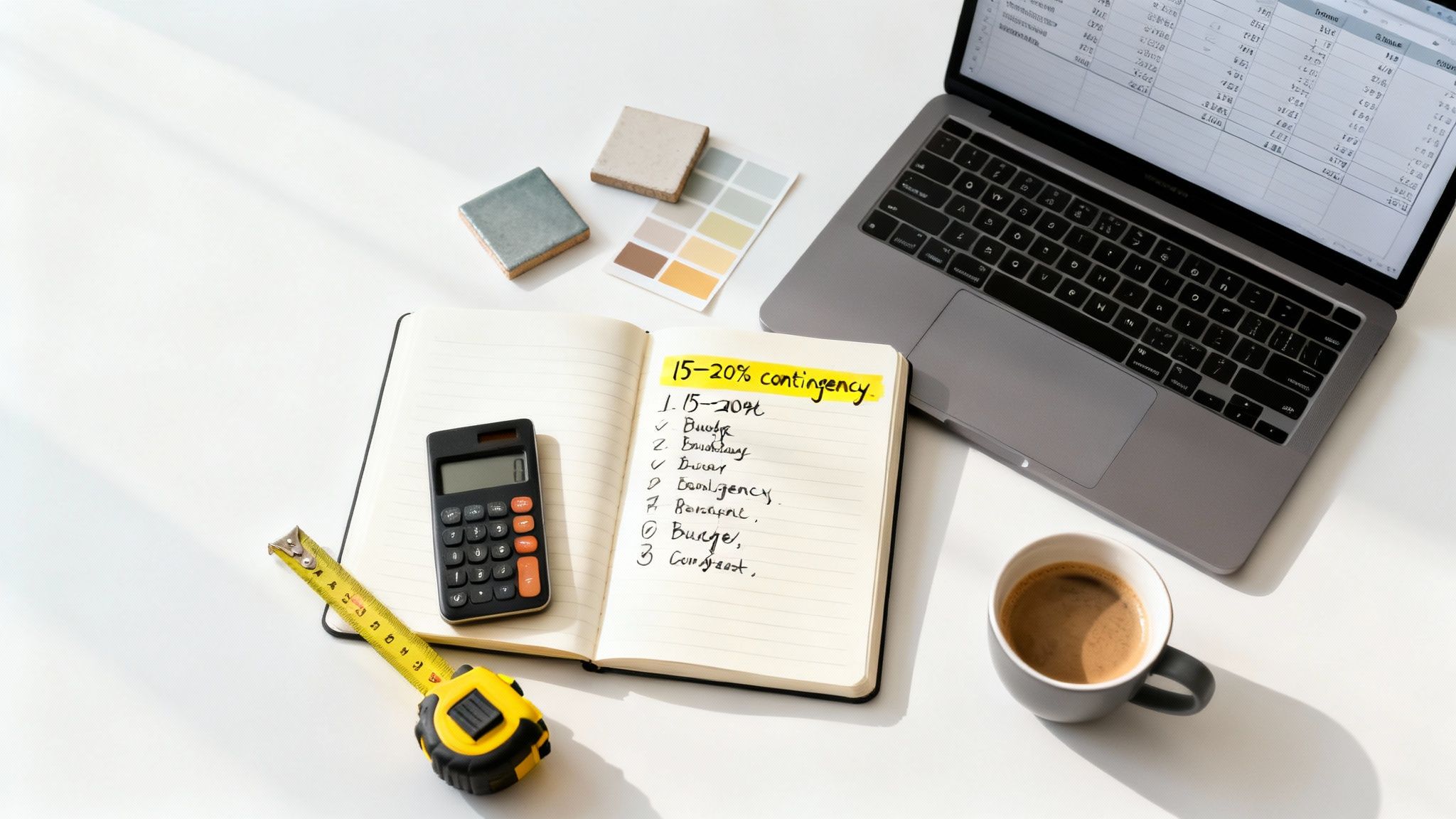 Woman planning a bathroom remodel with design swatches and a laptop.