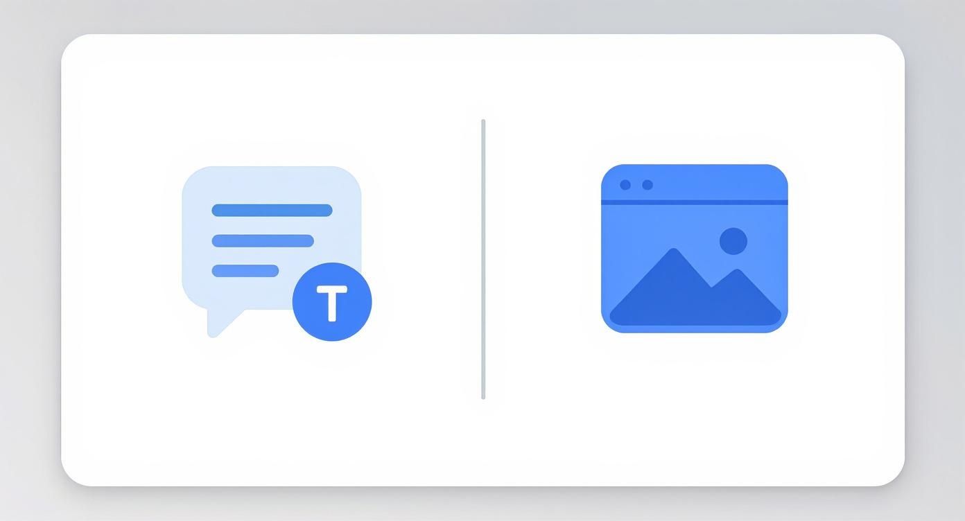 Two icons illustrating a comparison between text-based communication and image-based content, representing ad types.