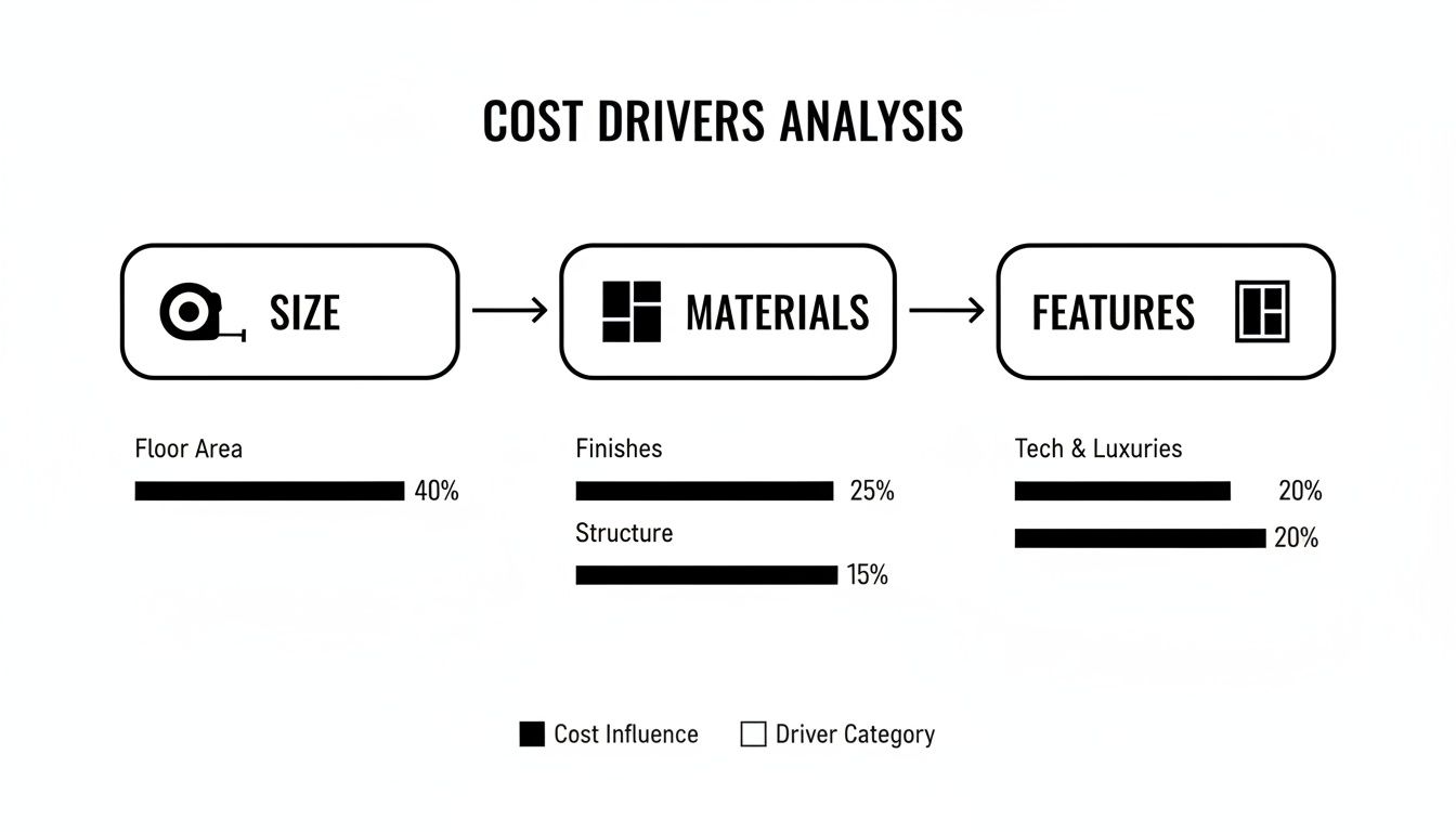 A cost drivers analysis diagram showing size, materials, and features and their percentage influence.