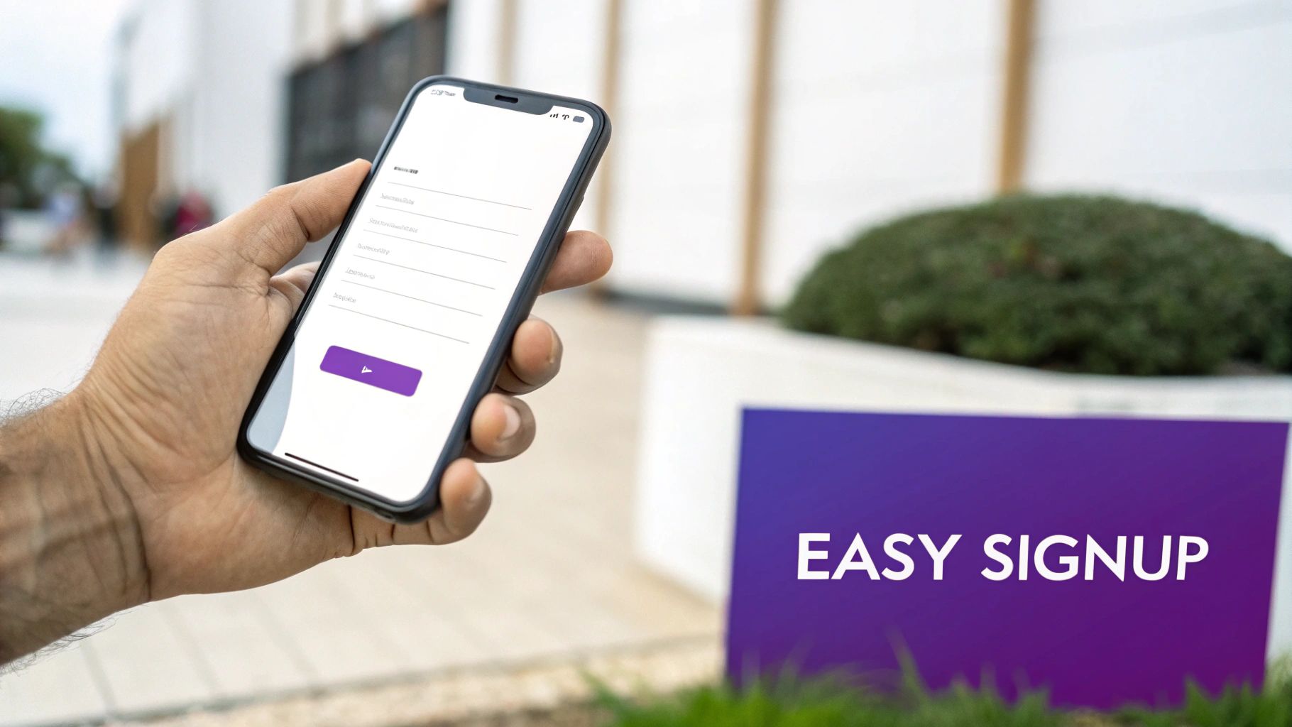 Person holding smartphone displaying mobile signup form with easy signup text on purple sign